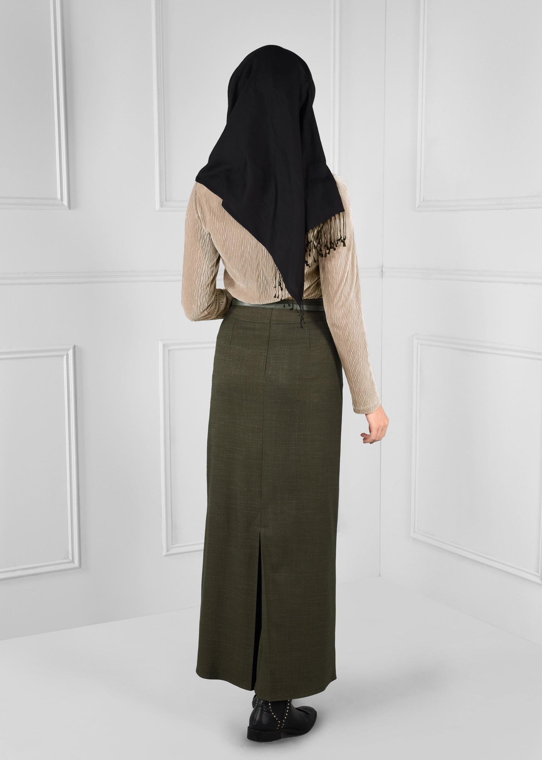 Tesettür giyim HAKİ KEMERLİ DÜZ KESİM YÜKSEK BEL ETEK 6138