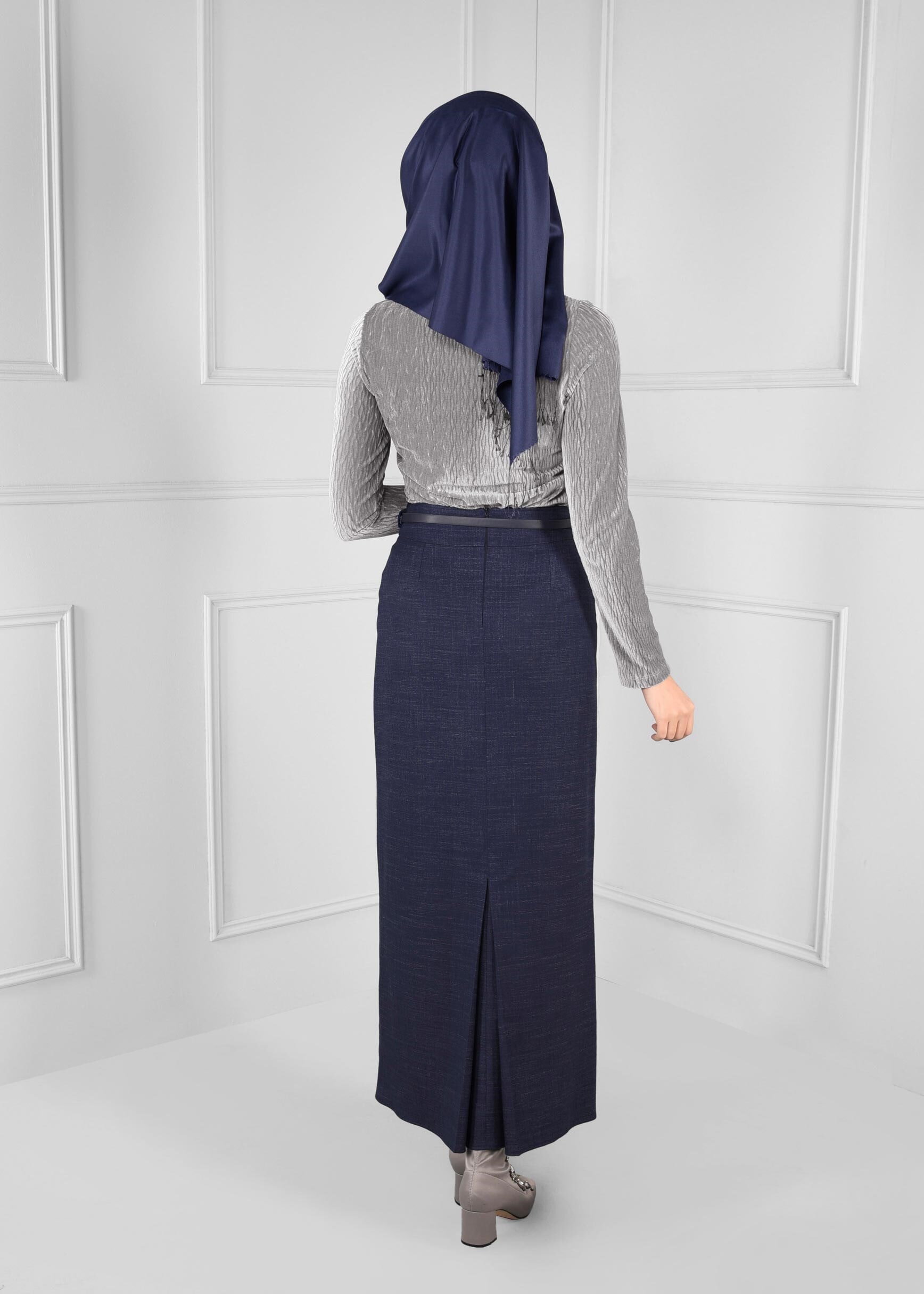 Tesettür giyim LACİVERT KEMERLİ DÜZ KESİM YÜKSEK BEL ETEK 6138