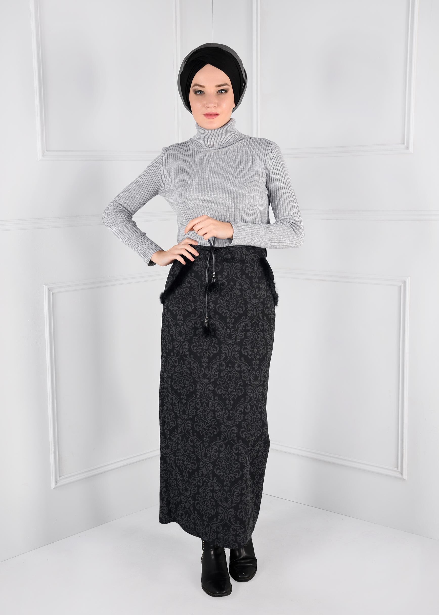 Tesettür giyim GRİ BELDEN BAĞCIK DETAYLI CEPLİ JAKARLI ETEK 6141