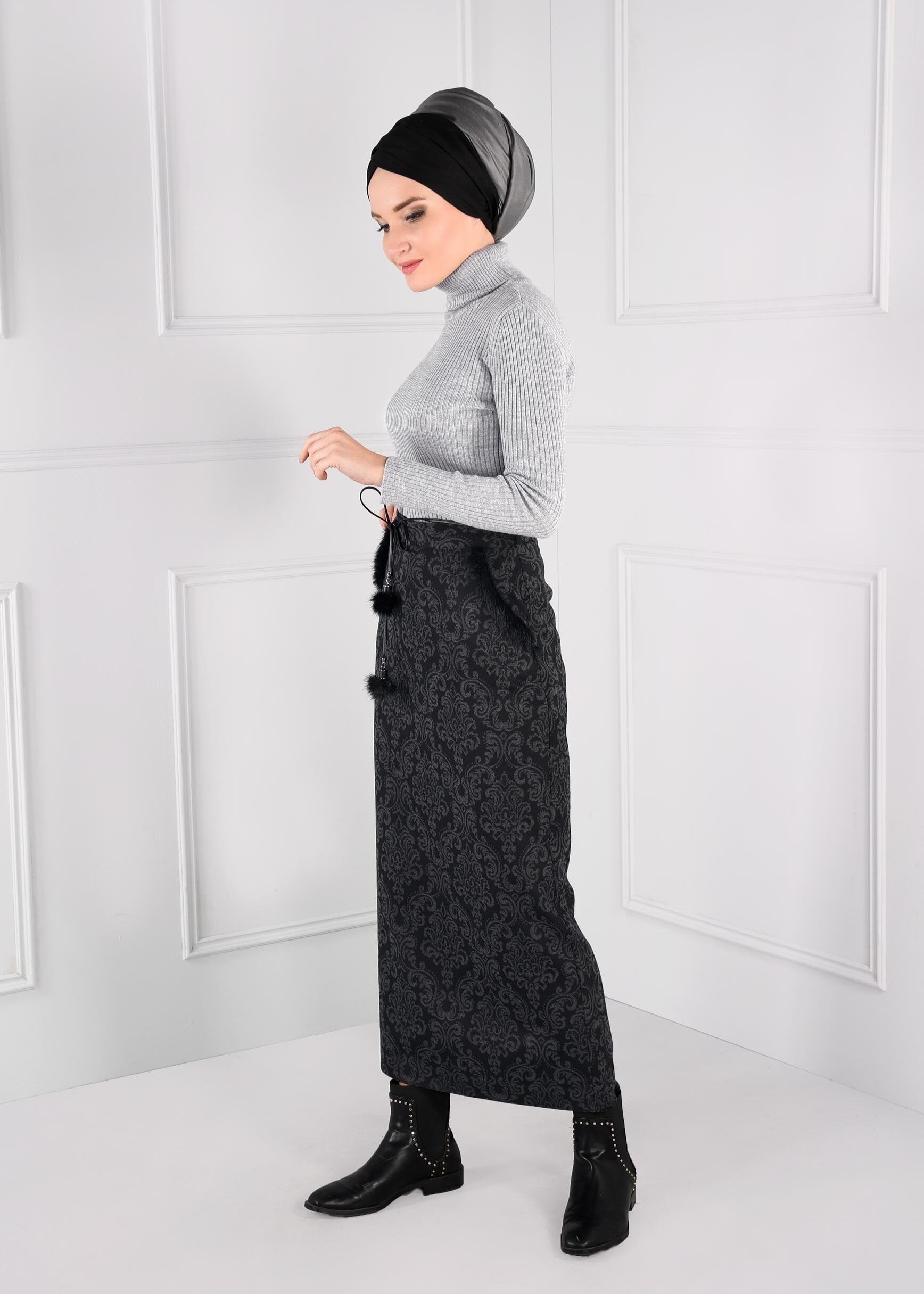 Tesettür giyim GRİ BELDEN BAĞCIK DETAYLI CEPLİ JAKARLI ETEK 6141