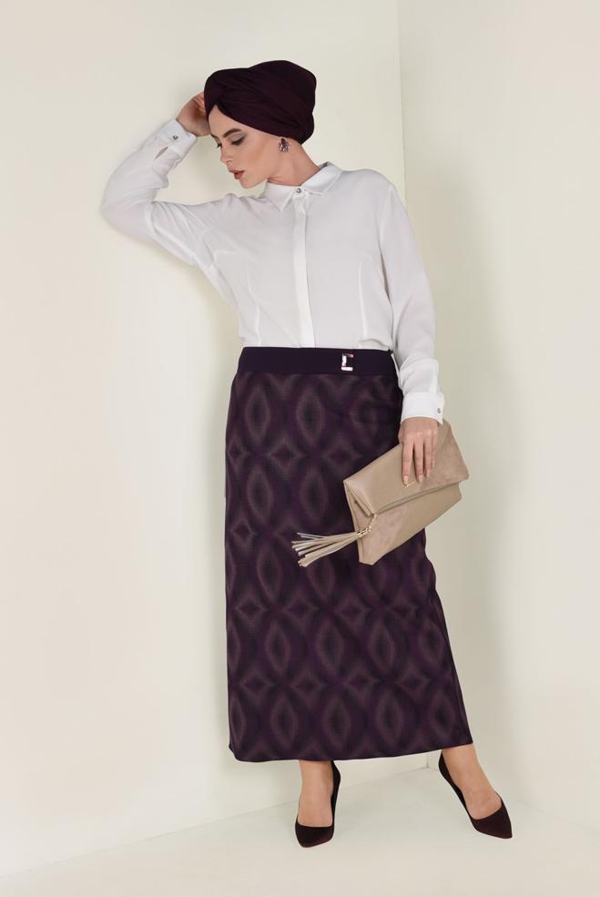 Tesettür giyim BORDO YÜKSEK BEL GİZLİ YIRTMAÇLI DESENLİ ETEK 6142 - ALVİNA