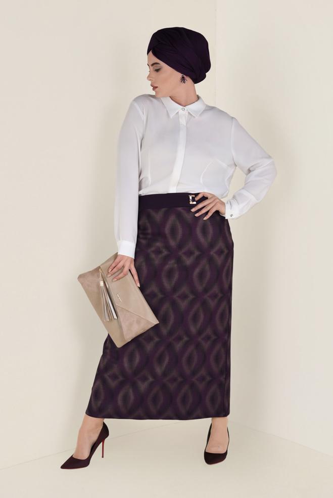 Tesettür giyim BORDO YÜKSEK BEL GİZLİ YIRTMAÇLI DESENLİ ETEK 6142 - ALVİNA