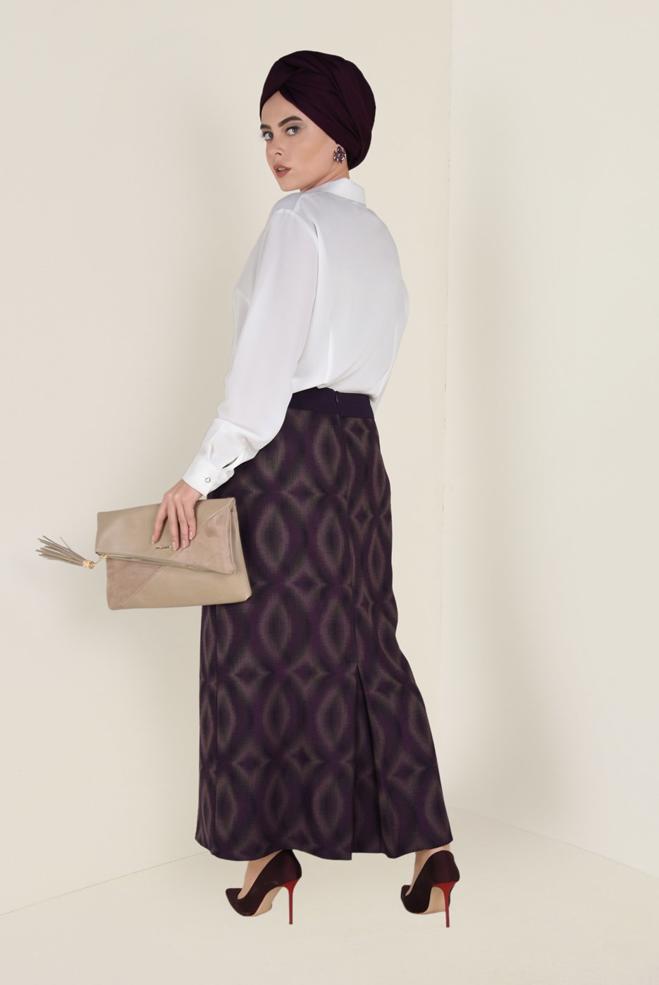Tesettür giyim BORDO YÜKSEK BEL GİZLİ YIRTMAÇLI DESENLİ ETEK 6142 - ALVİNA