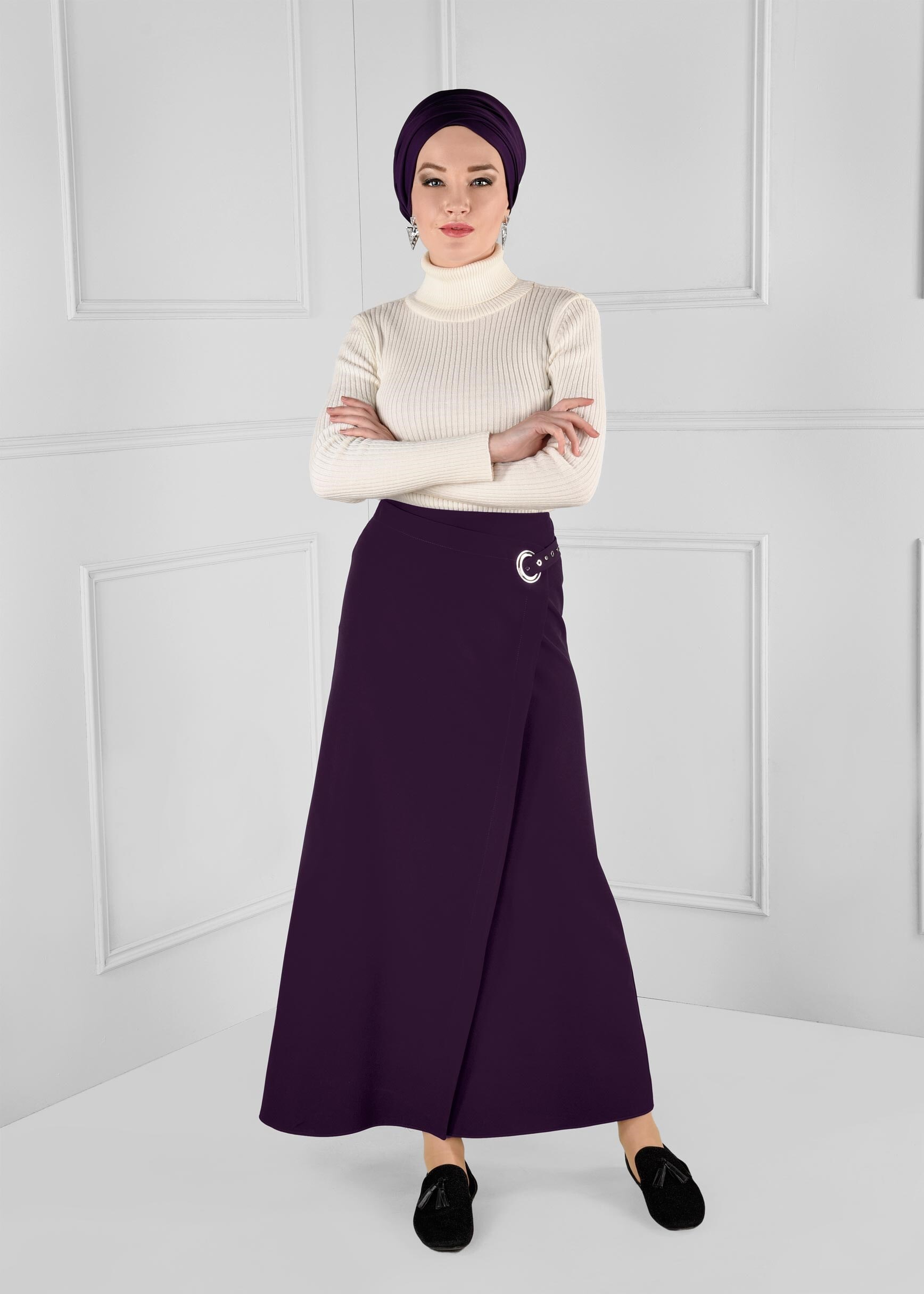 Tesettür giyim MOR KUŞ GÖZÜ DETAYLI ANVELOP ETEK 6143 