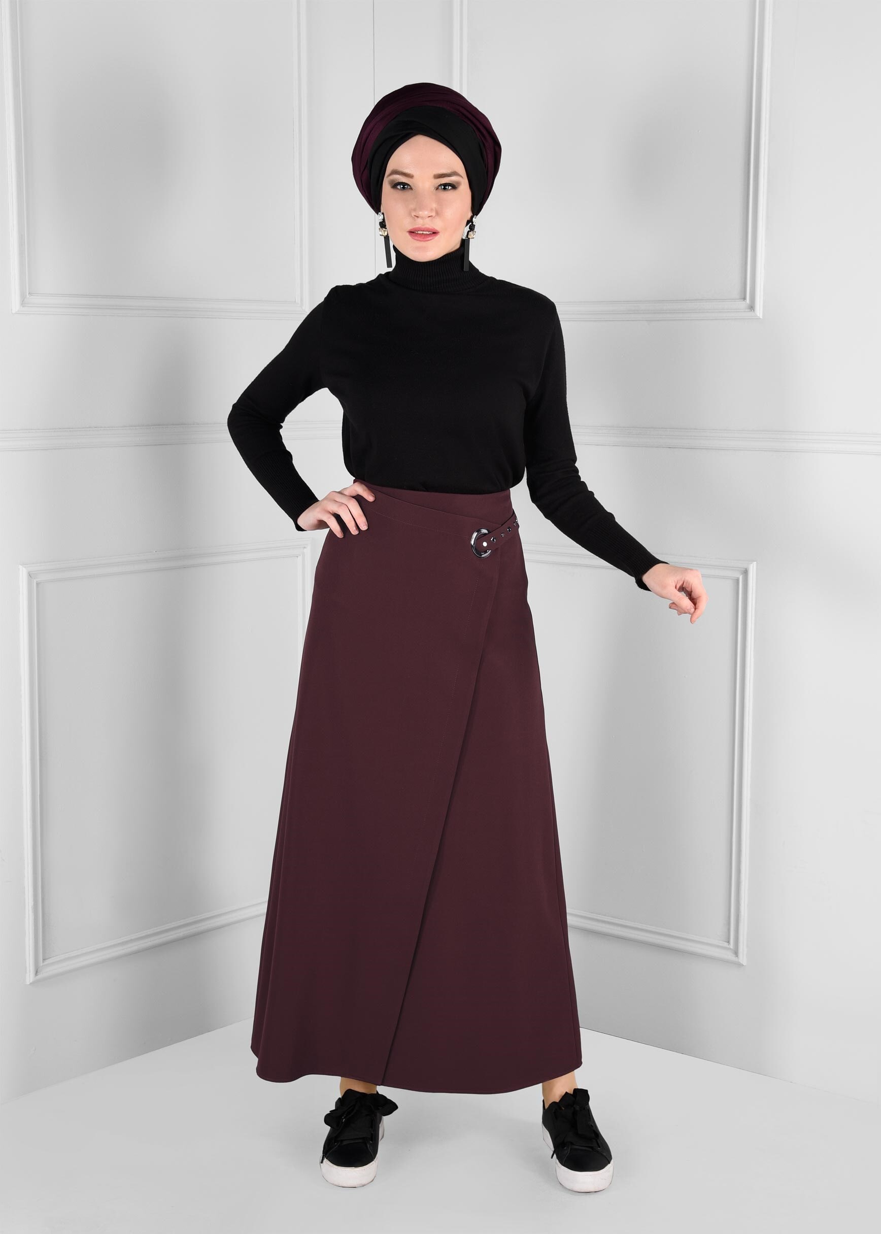 Tesettür giyim BORDO KUŞ GÖZÜ DETAYLI ANVELOP ETEK 6143 