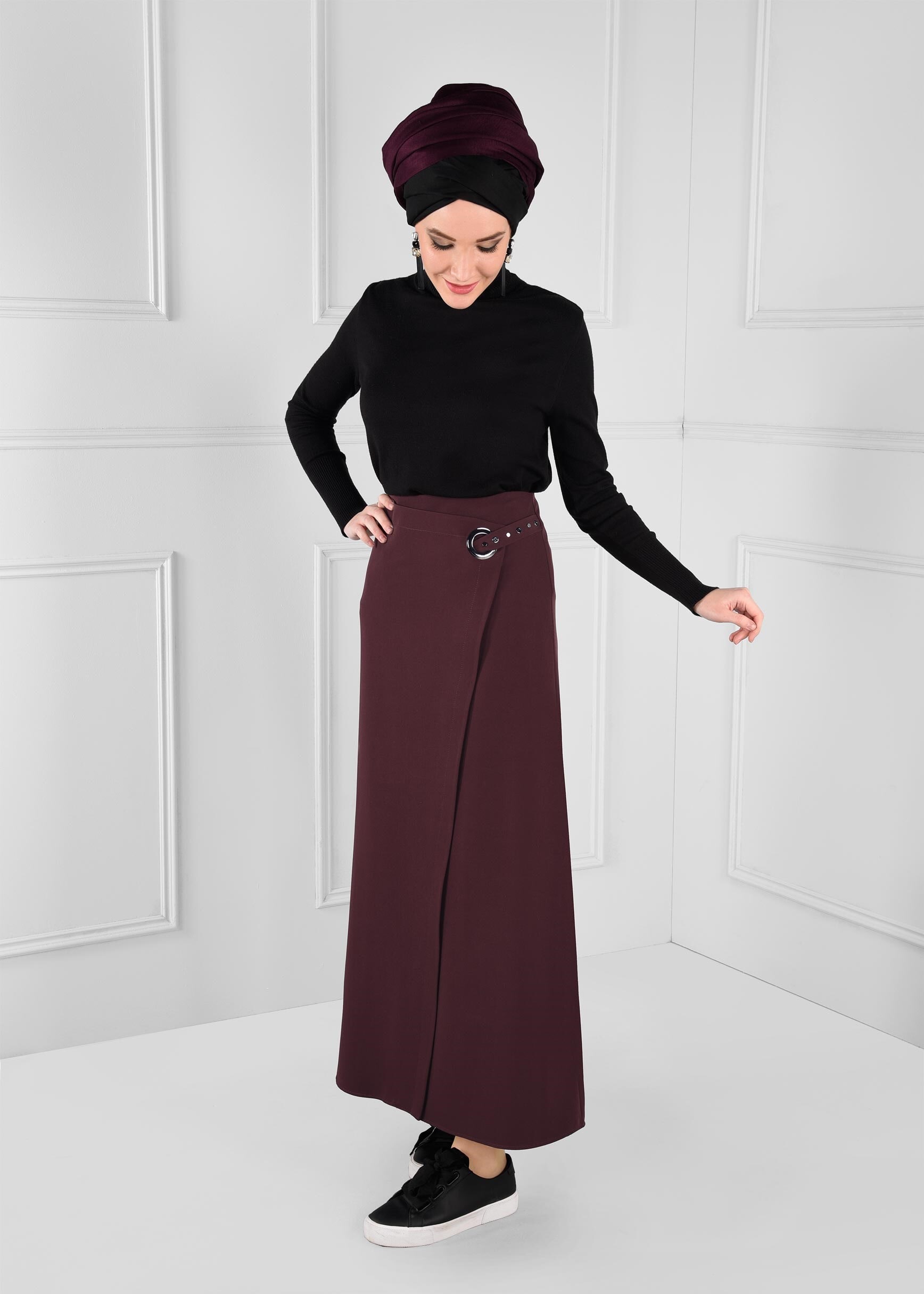 Tesettür giyim BORDO KUŞ GÖZÜ DETAYLI ANVELOP ETEK 6143 
