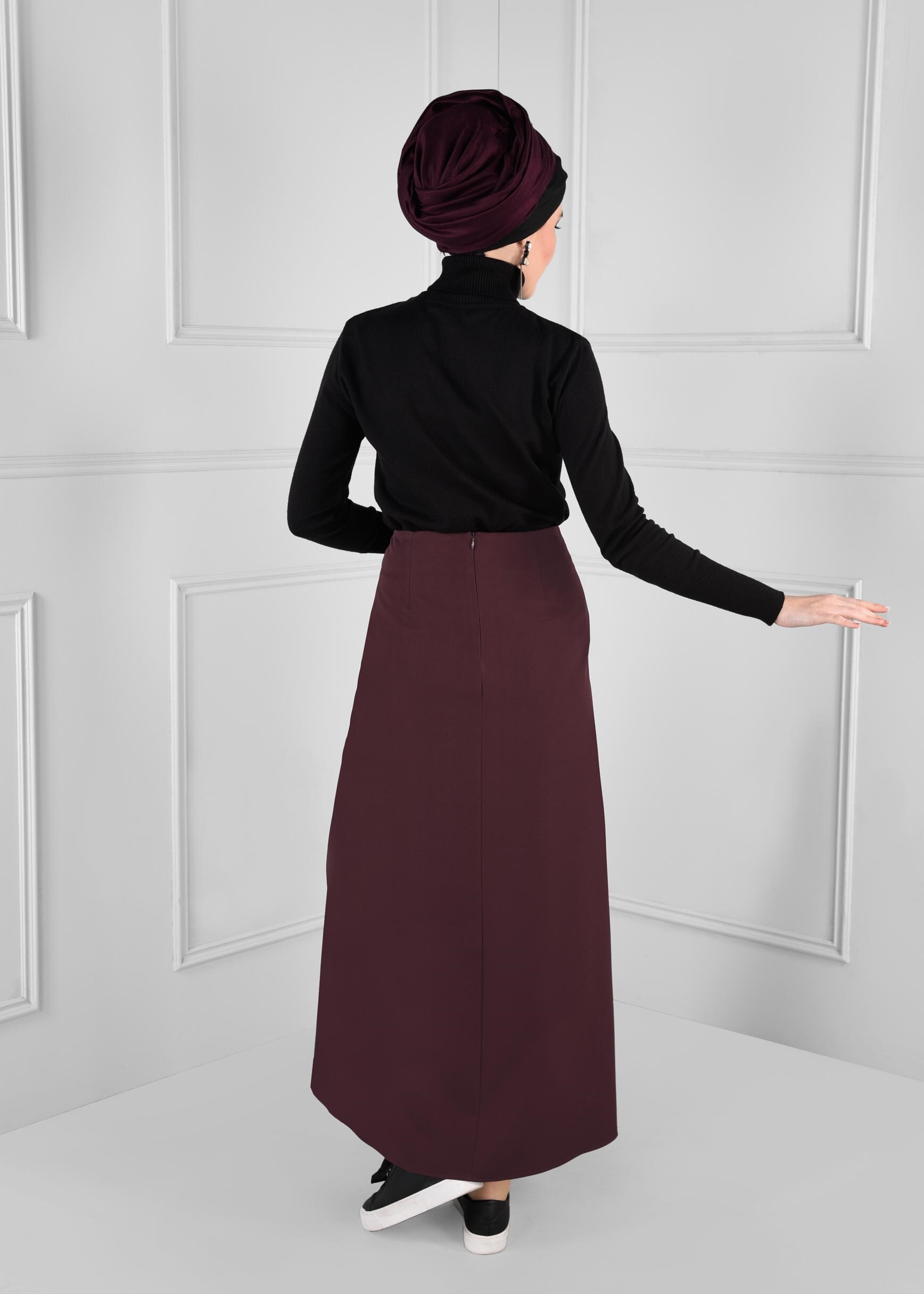 Tesettür giyim BORDO KUŞ GÖZÜ DETAYLI ANVELOP ETEK 6143 