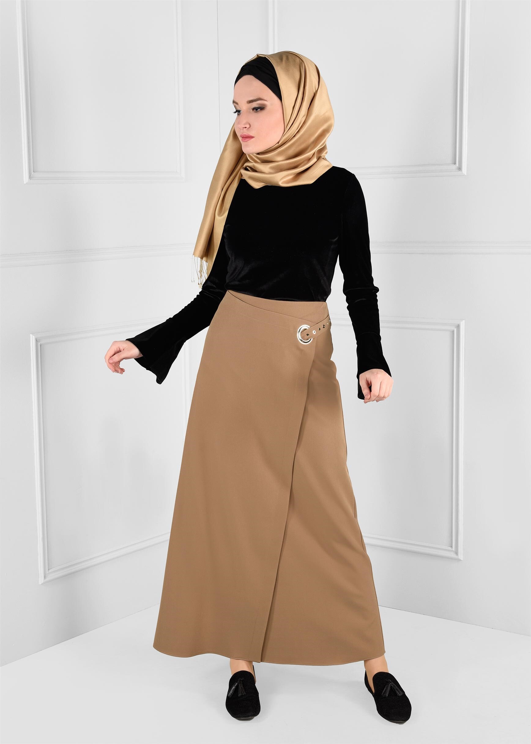 Tesettür giyim KAHVE KUŞ GÖZÜ DETAYLI ANVELOP ETEK 6143 