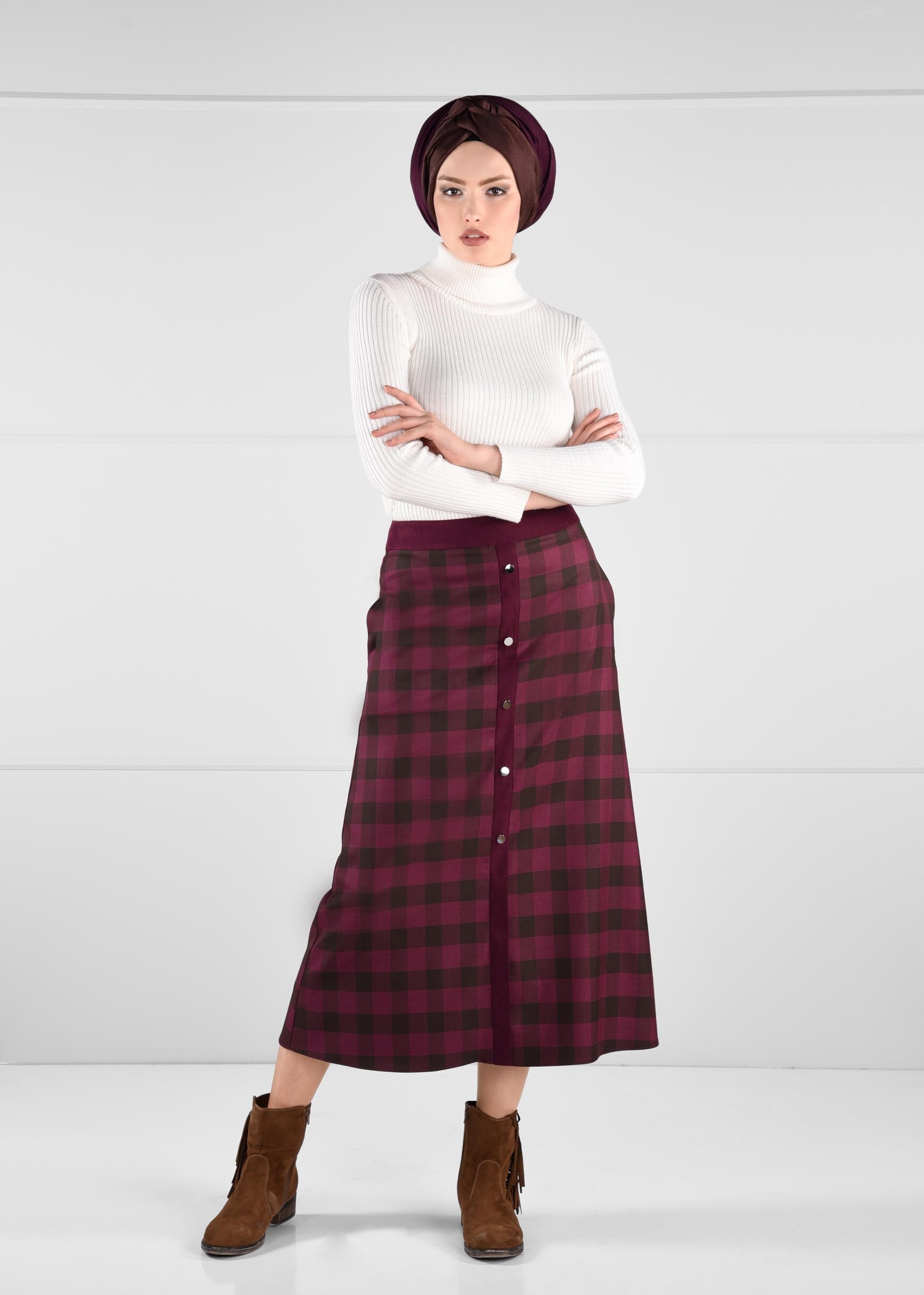 Tesettür giyim KAHVE ÇITÇIT DETAYLI EKOSE ETEK 6144 