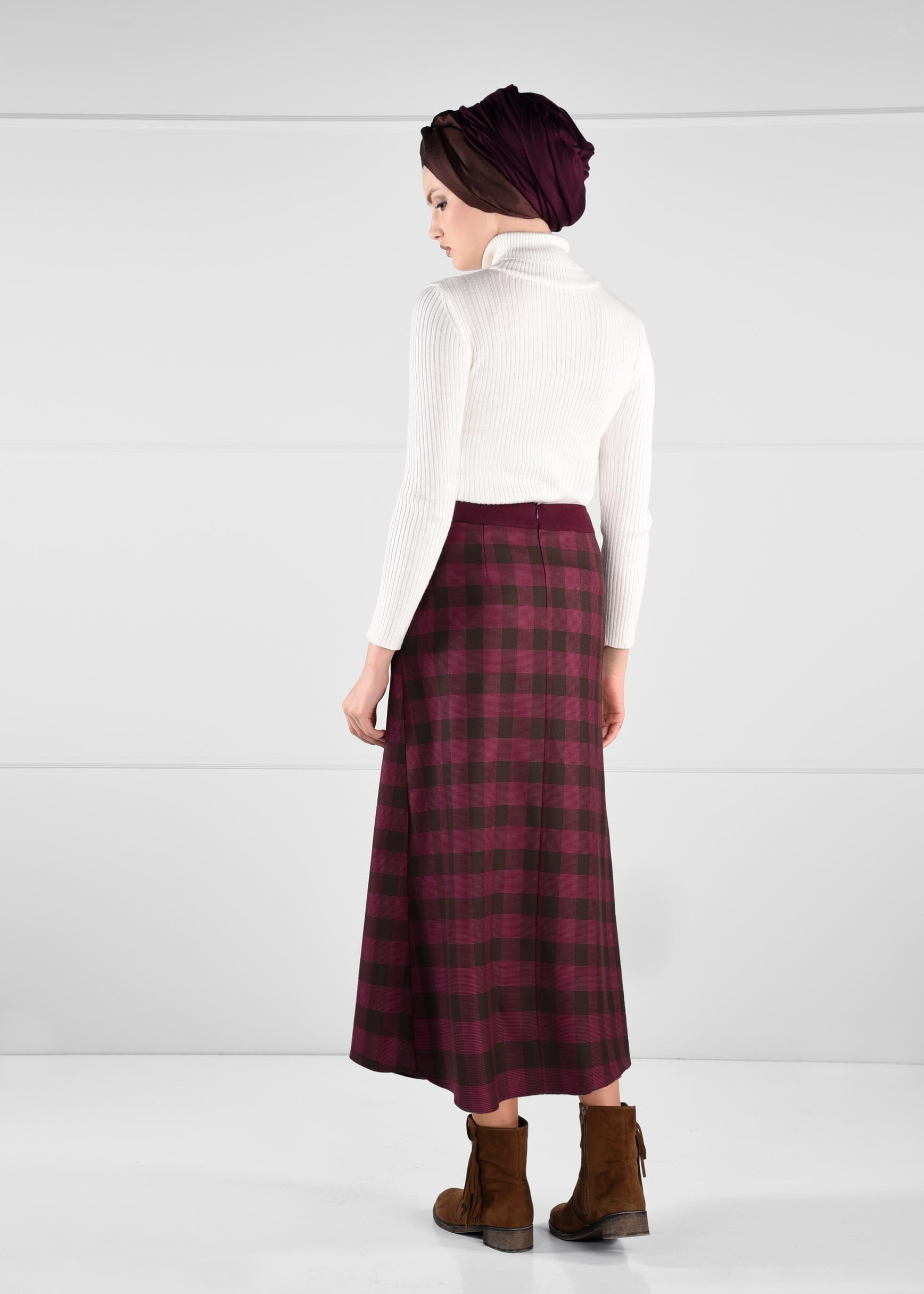 Tesettür giyim KAHVE ÇITÇIT DETAYLI EKOSE ETEK 6144 