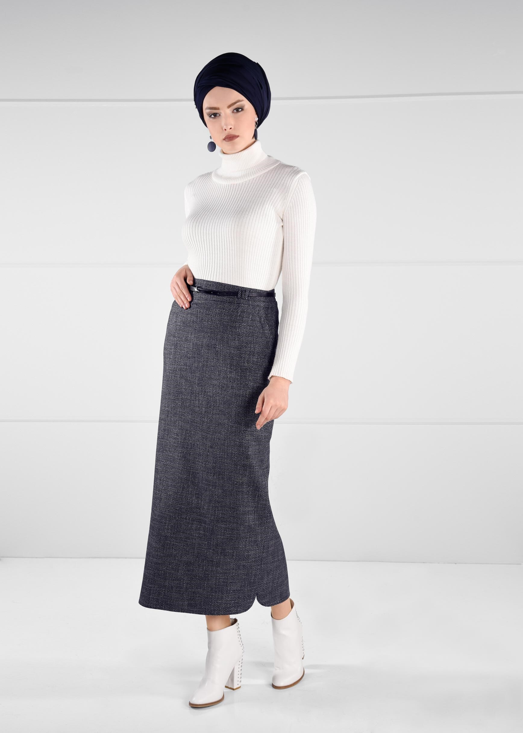 Tesettür giyim LACİVERT YÜKSEK BEL ETEK 6145 
