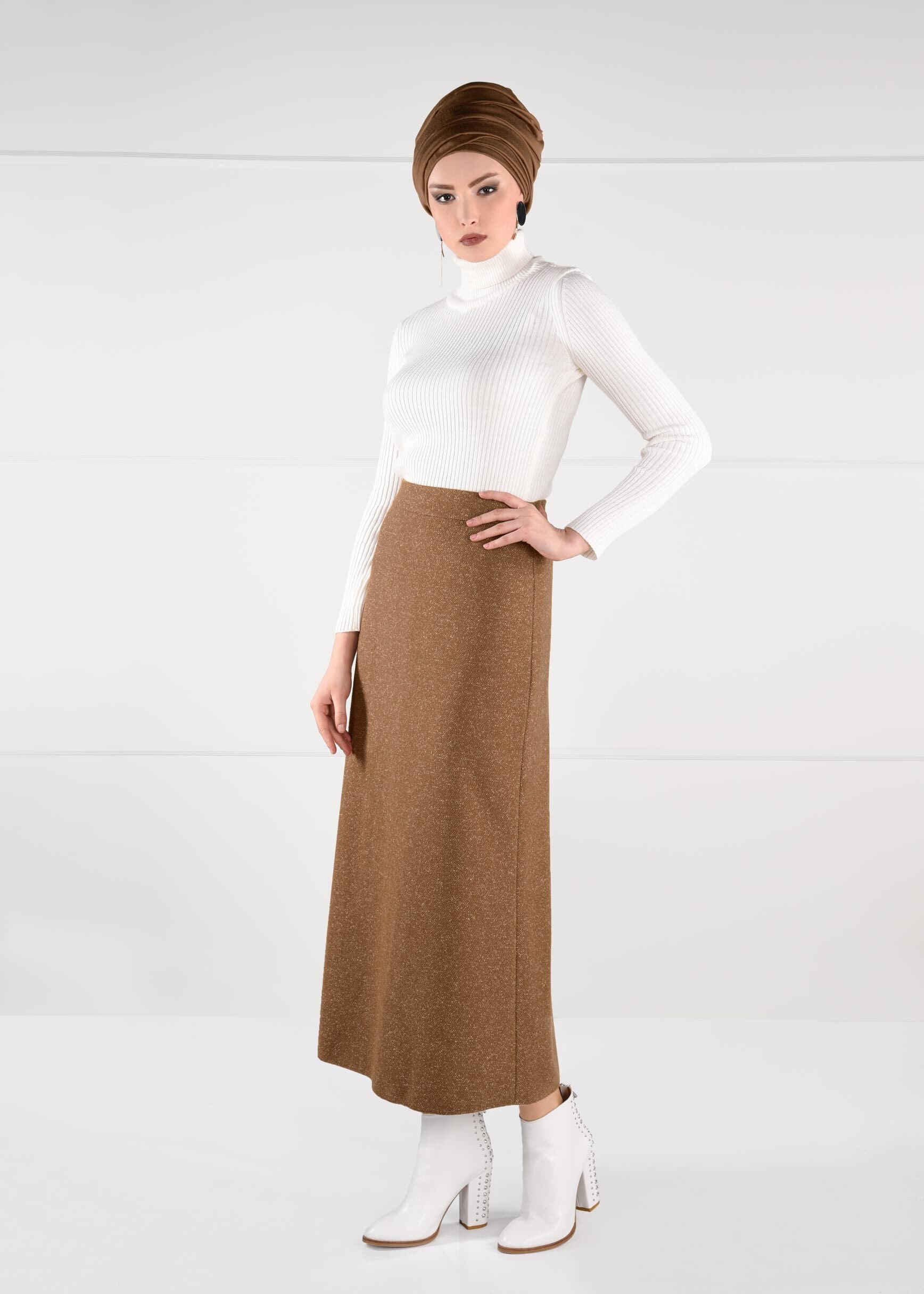 Tesettür giyim KAHVE YÜKSEK BEL ETEK 6146