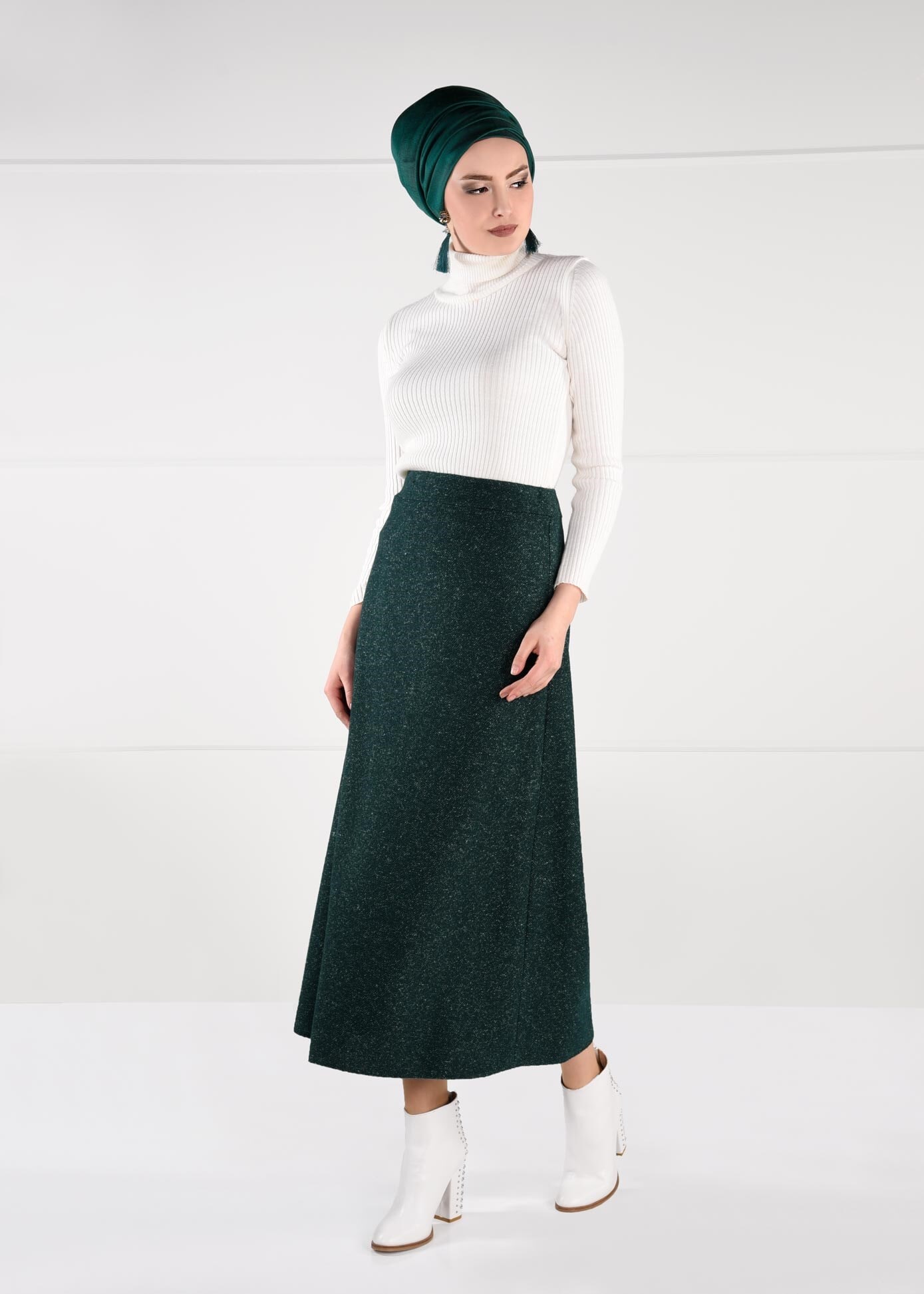 Tesettür giyim YEŞİL YÜKSEK BEL ETEK 6146