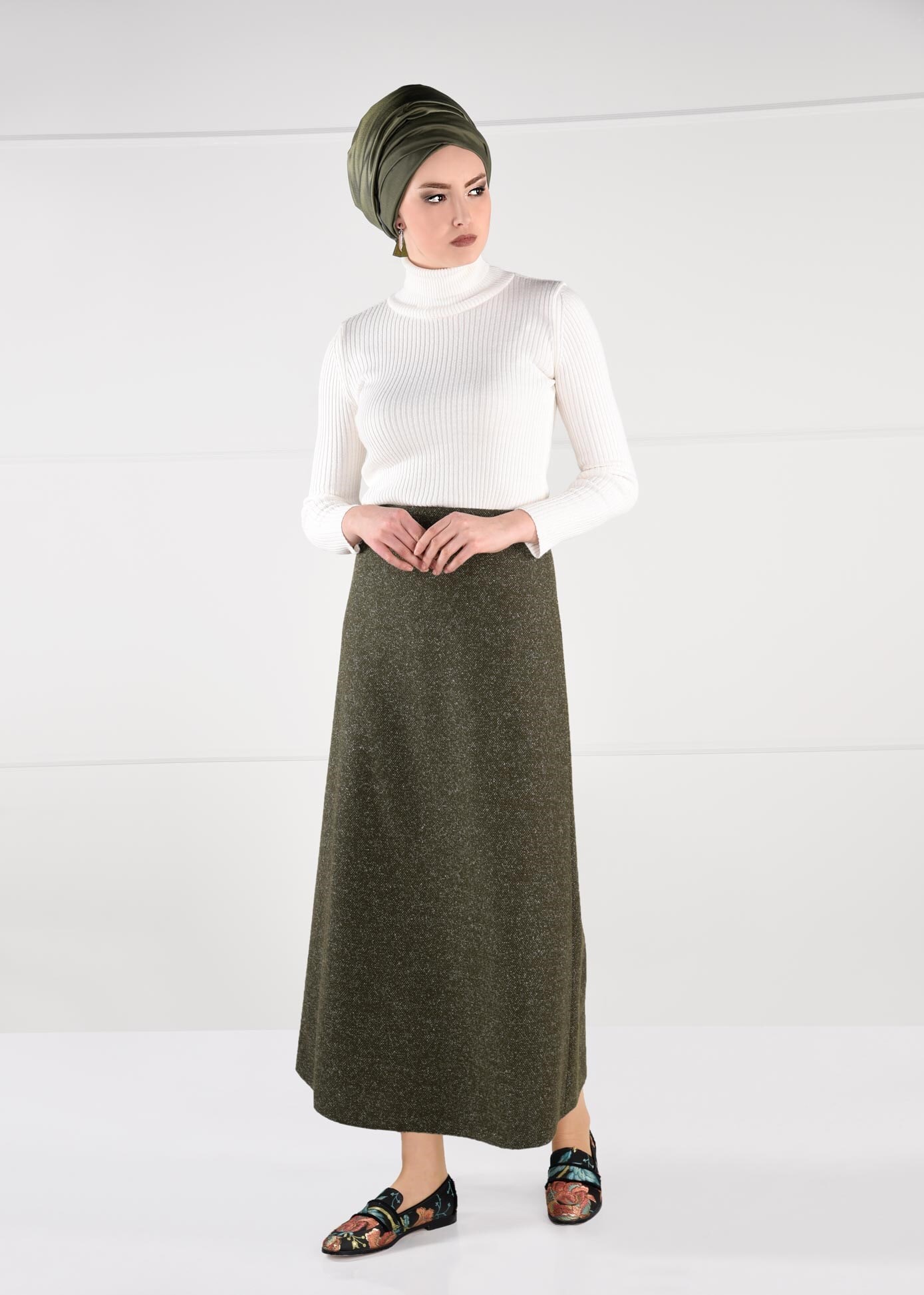 Tesettür giyim YEŞİL YÜKSEK BEL ETEK 6146