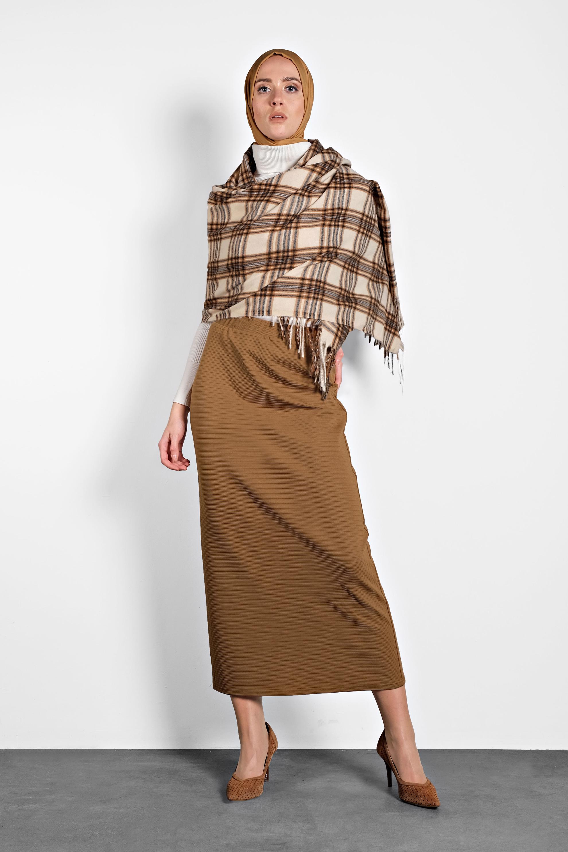 Tesettür giyim KAHVE BELİ LASTİKLİ ETEK 6147