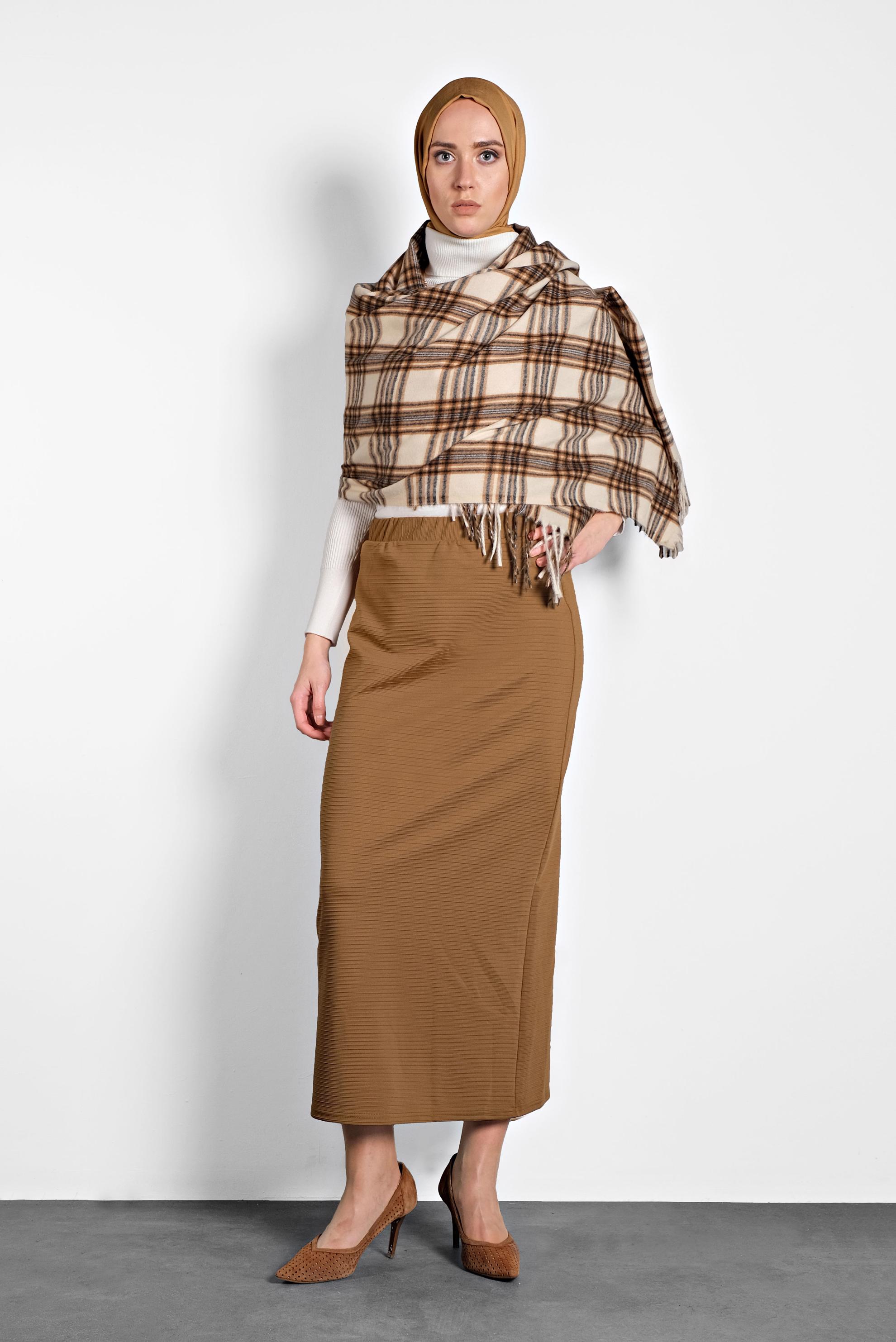 Tesettür giyim KAHVE BELİ LASTİKLİ ETEK 6147