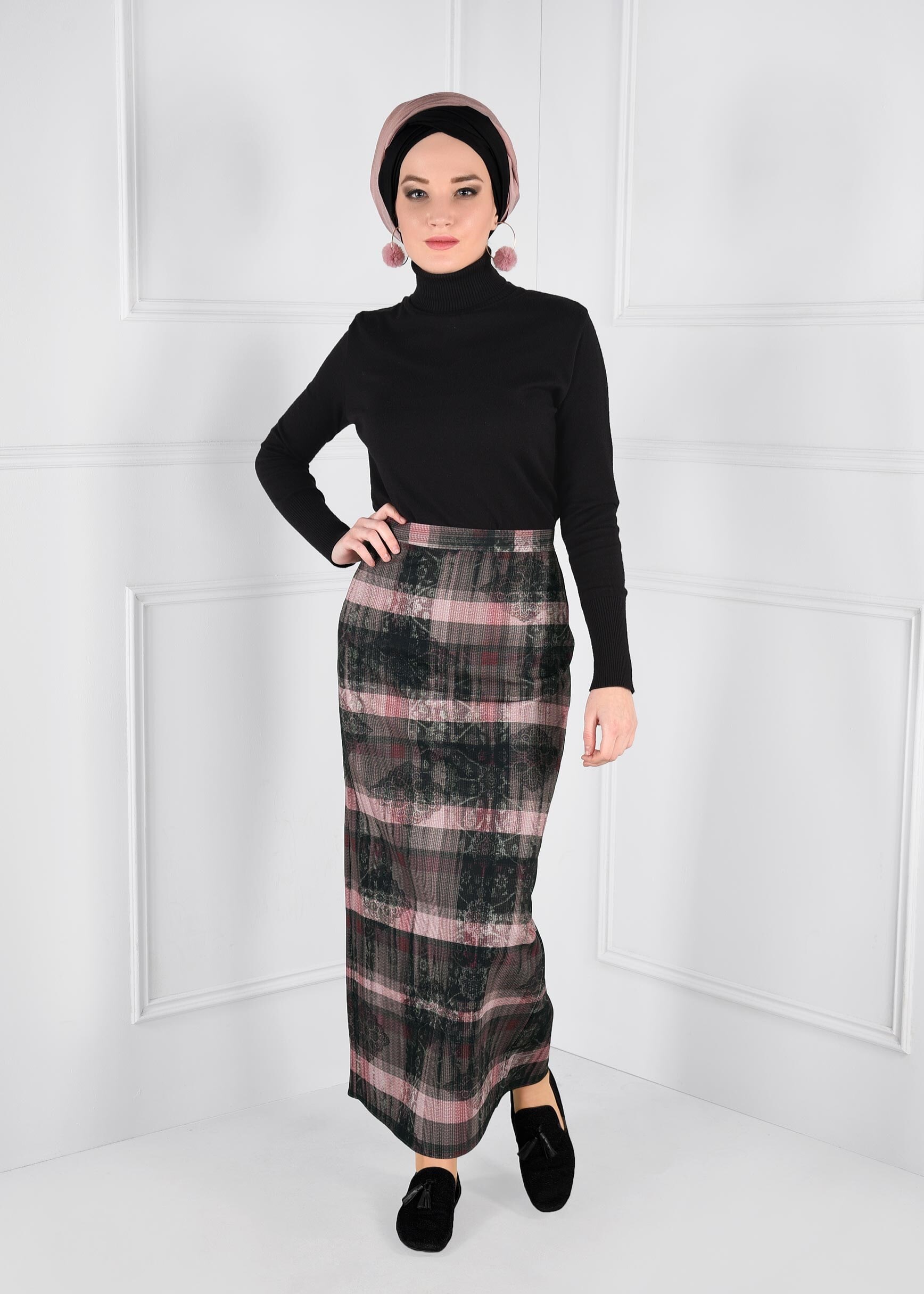 Tesettür giyim PUDRA DESENLİ GİZLİ YIRTMAÇLI YÜKSEK BEL ETEK 6136-1 