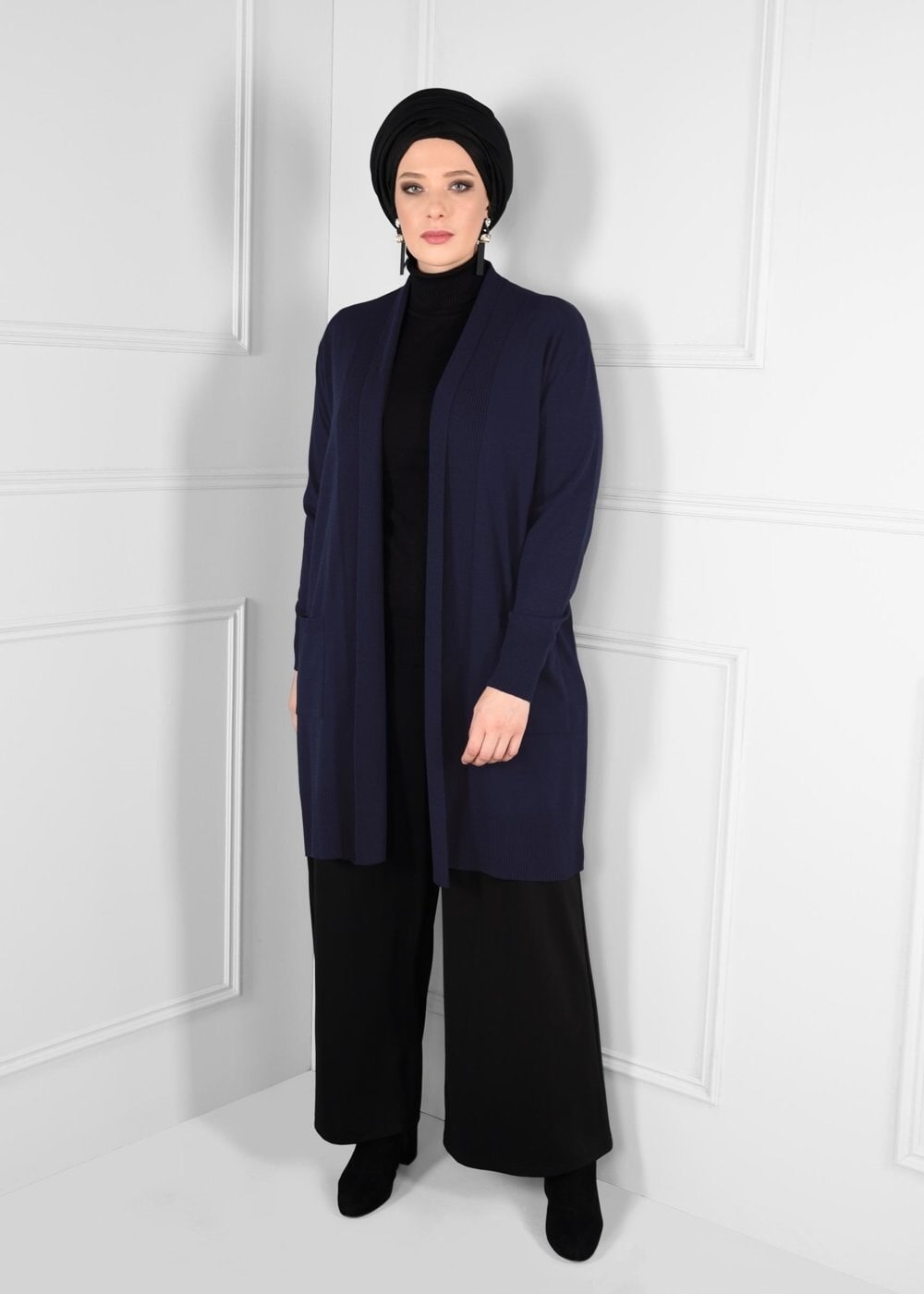 Tesettür giyim LACİVERT CEPLİ DÜZ TRİKO HIRKA 2740