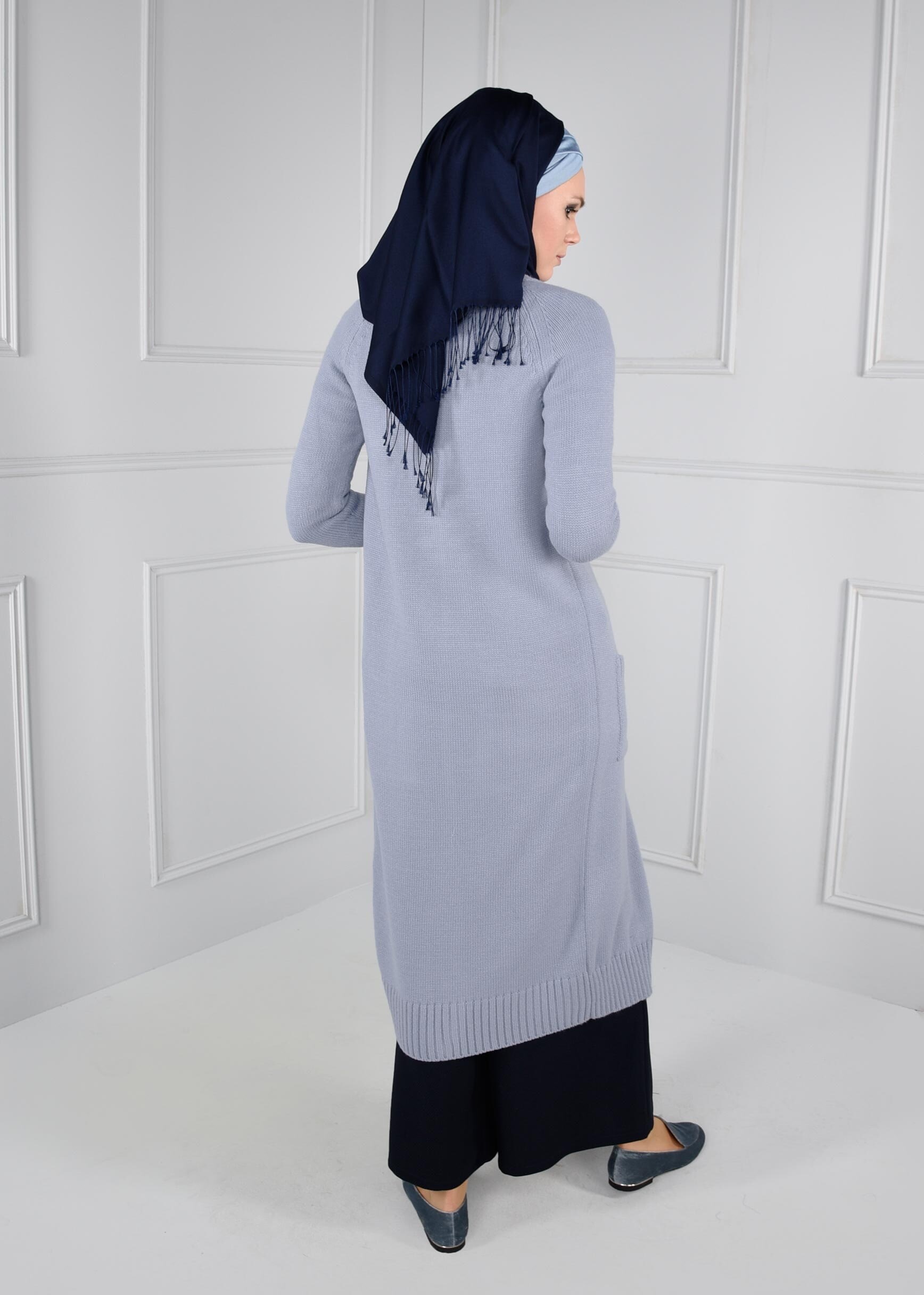 Tesettür giyim MAVİ CEPLİ TRİKO HIRKA 4583