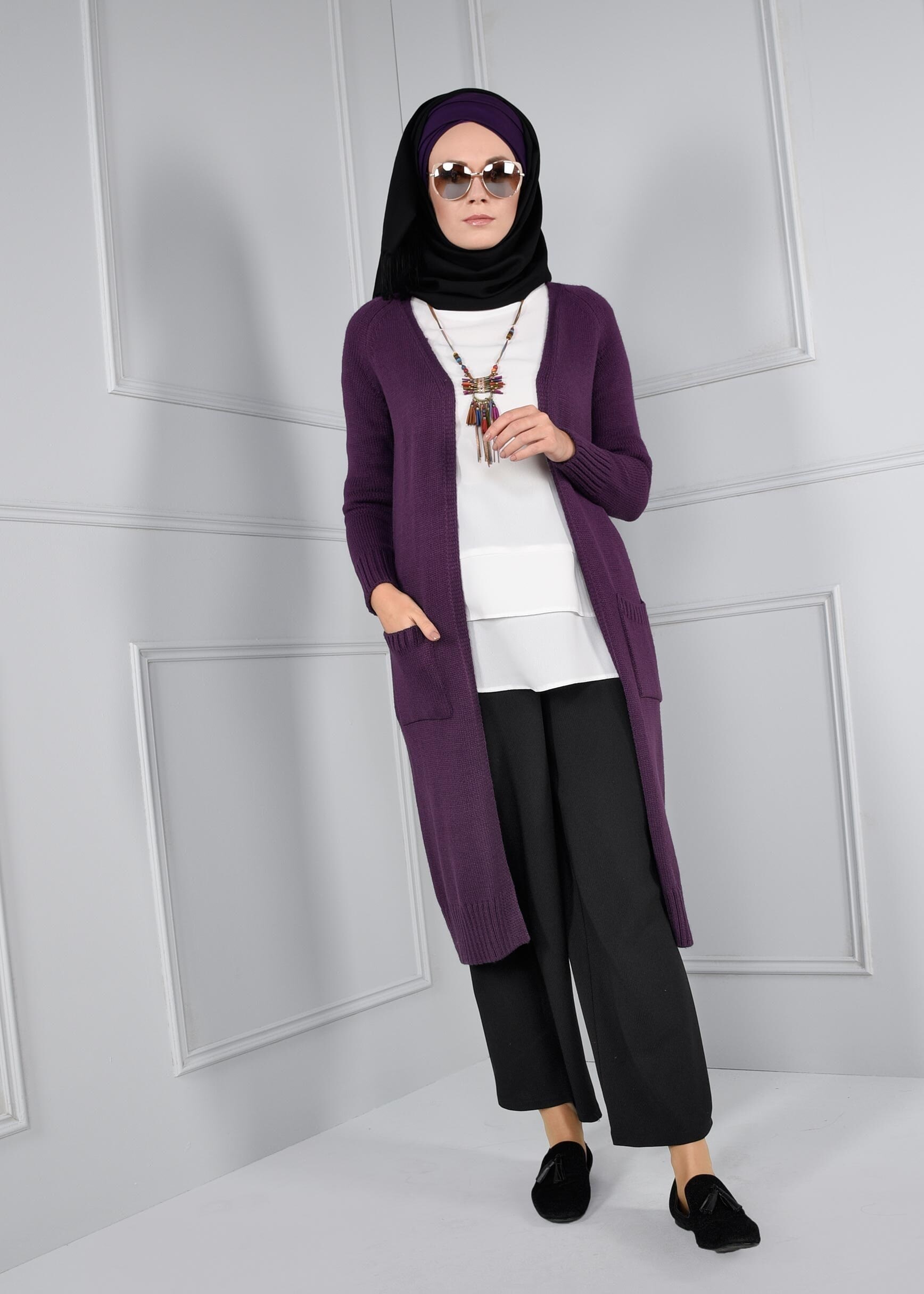 Tesettür giyim MOR CEPLİ TRİKO HIRKA 4583