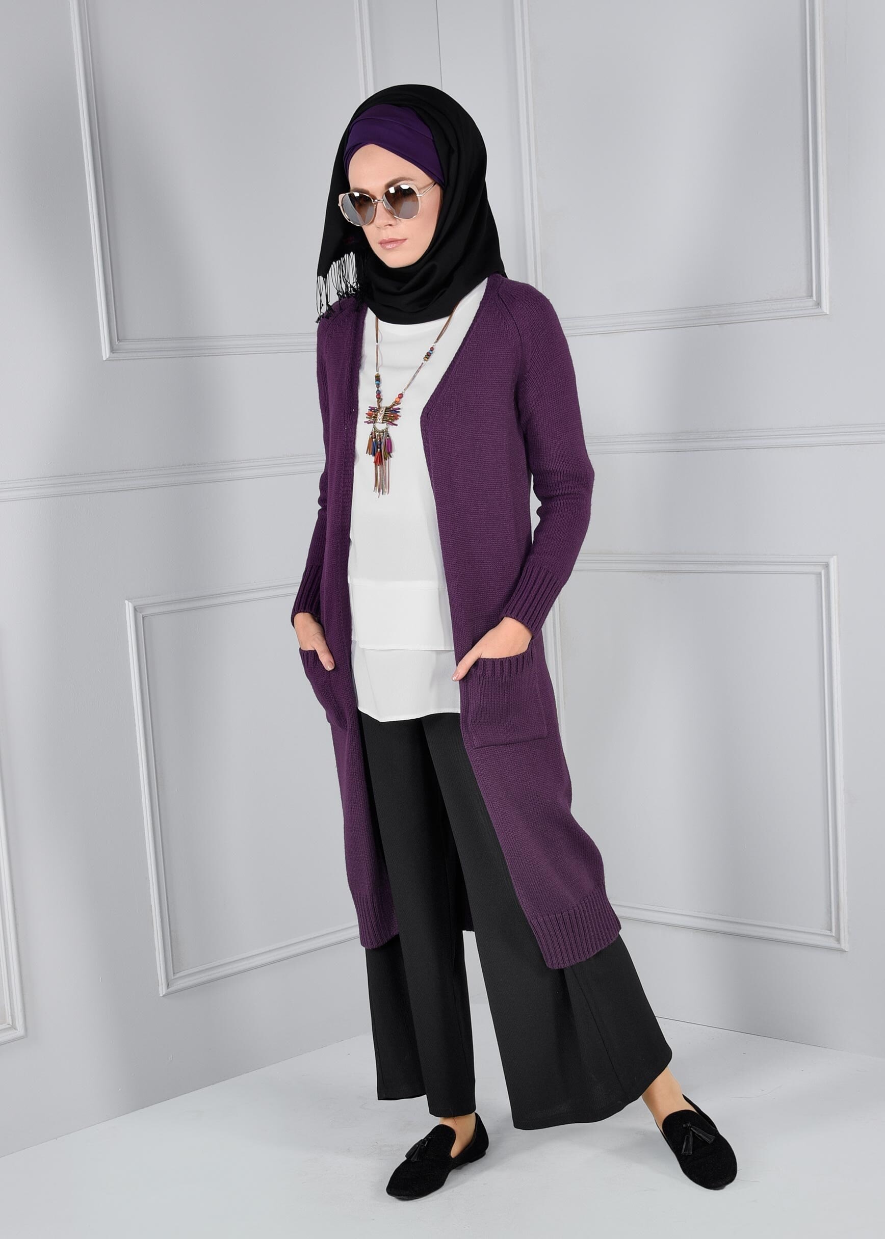 Tesettür giyim MOR CEPLİ TRİKO HIRKA 4583