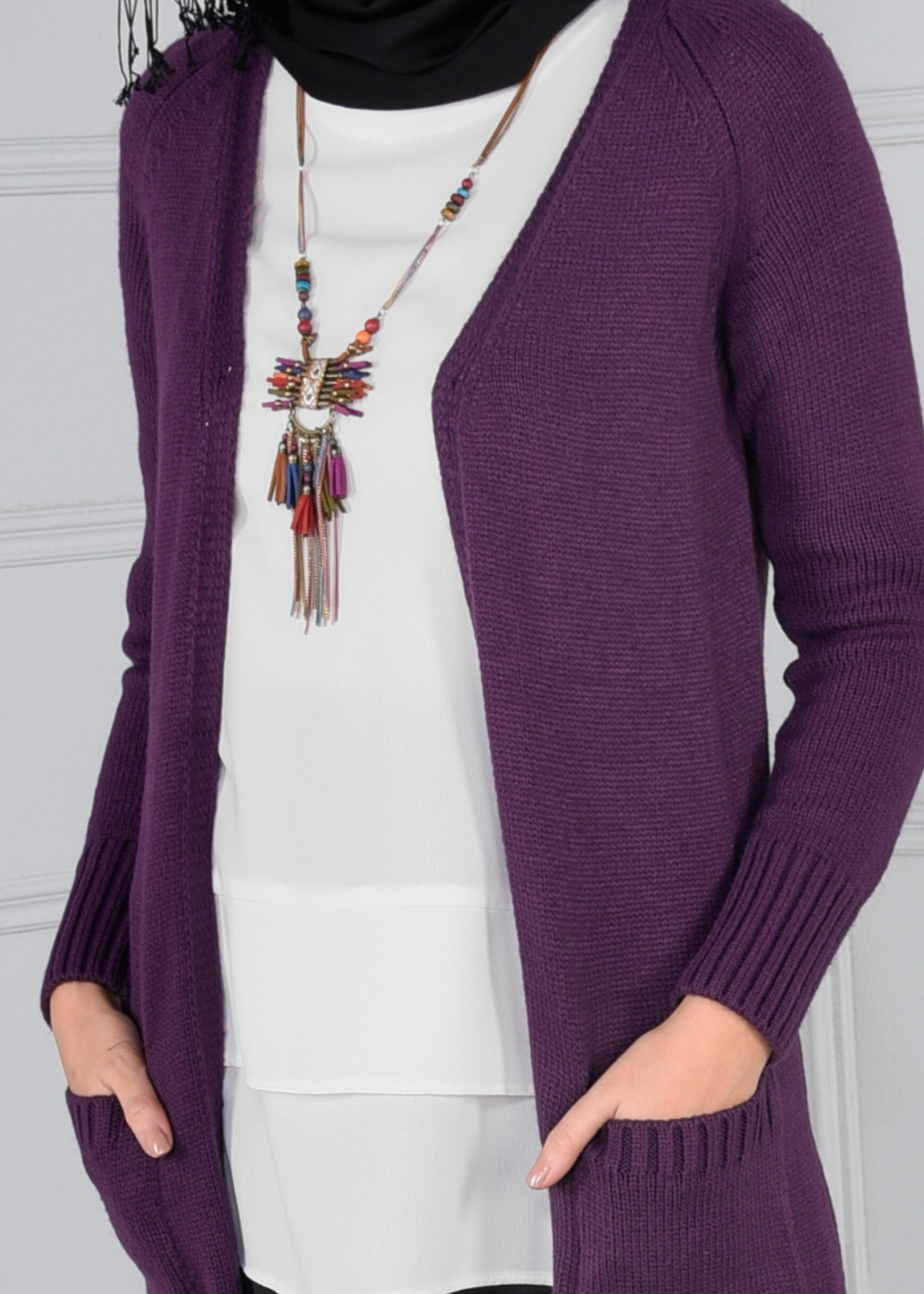 Tesettür giyim MOR CEPLİ TRİKO HIRKA 4583