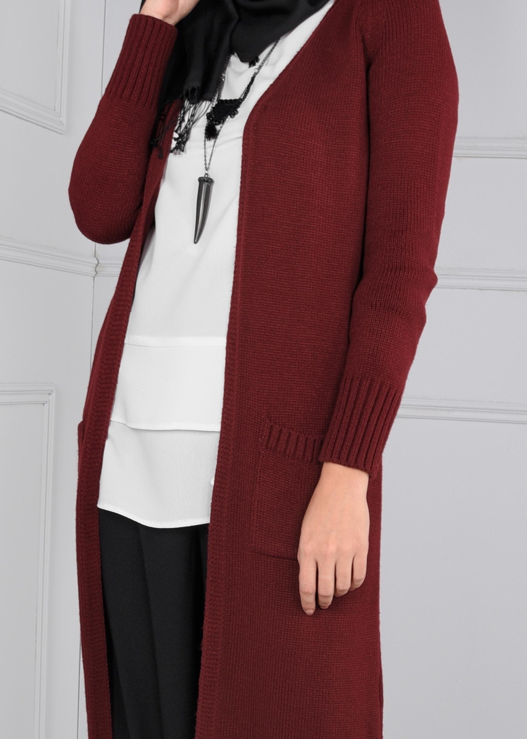 Tesettür giyim BORDO CEPLİ TRİKO HIRKA 4583