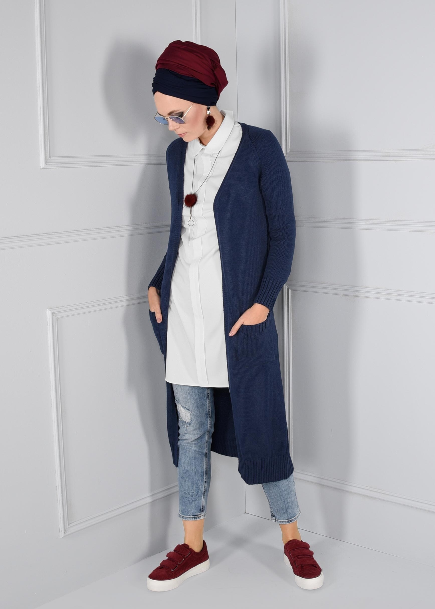 Tesettür giyim LACİVERT CEPLİ TRİKO HIRKA 4583