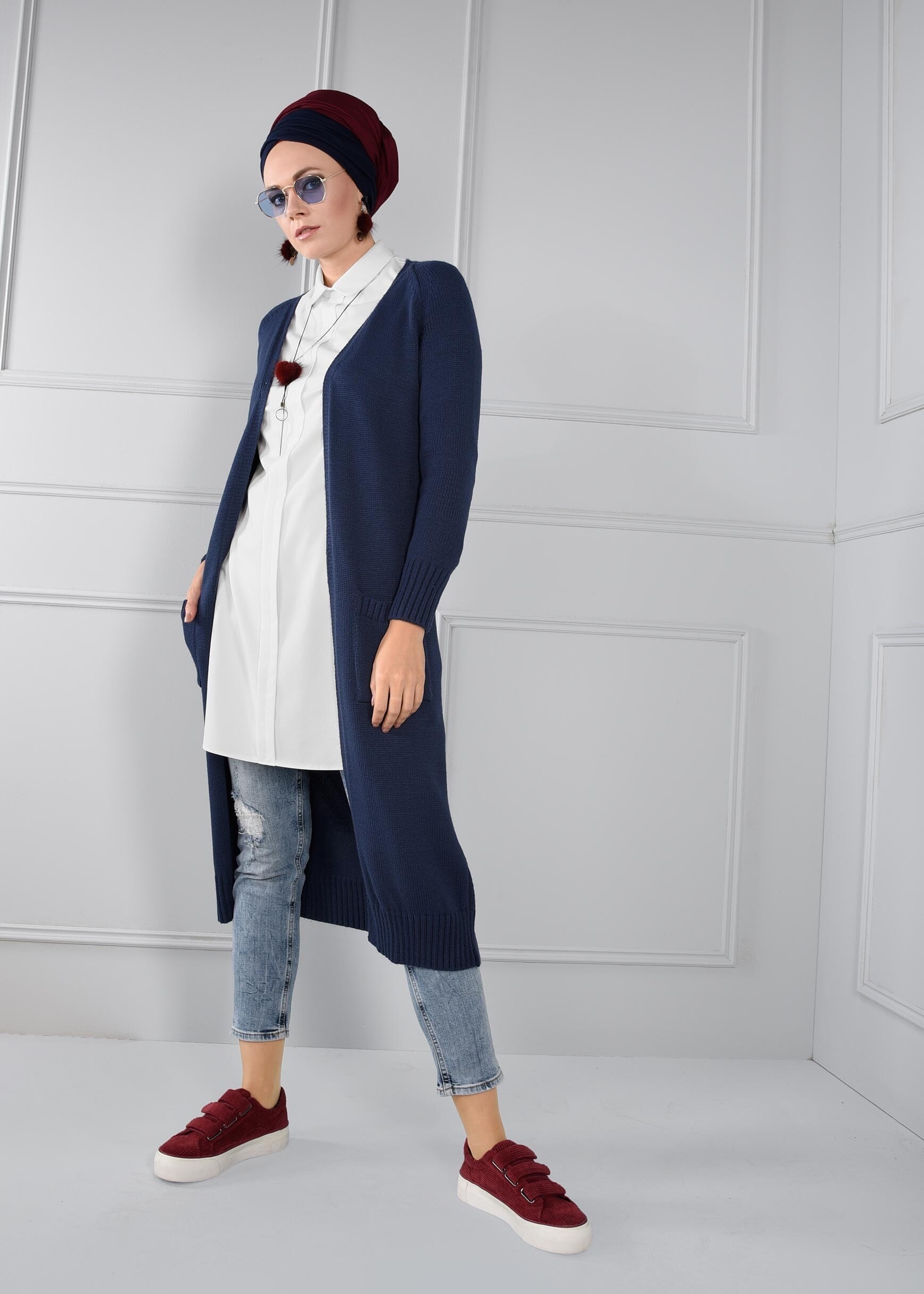 Tesettür giyim LACİVERT CEPLİ TRİKO HIRKA 4583