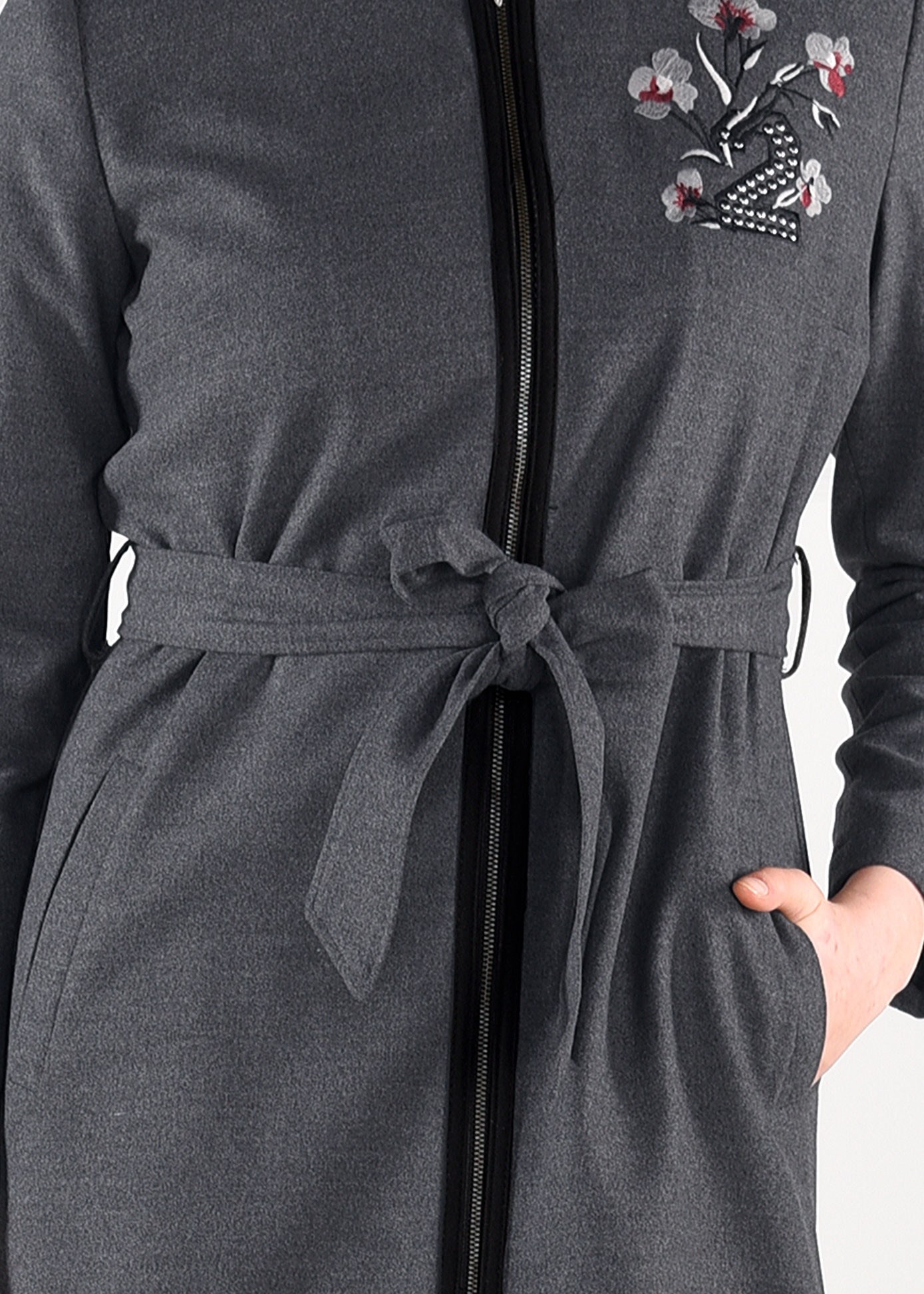 Tesettür giyim GRİ NAKIŞLI FERMUARLI KABAN 9635