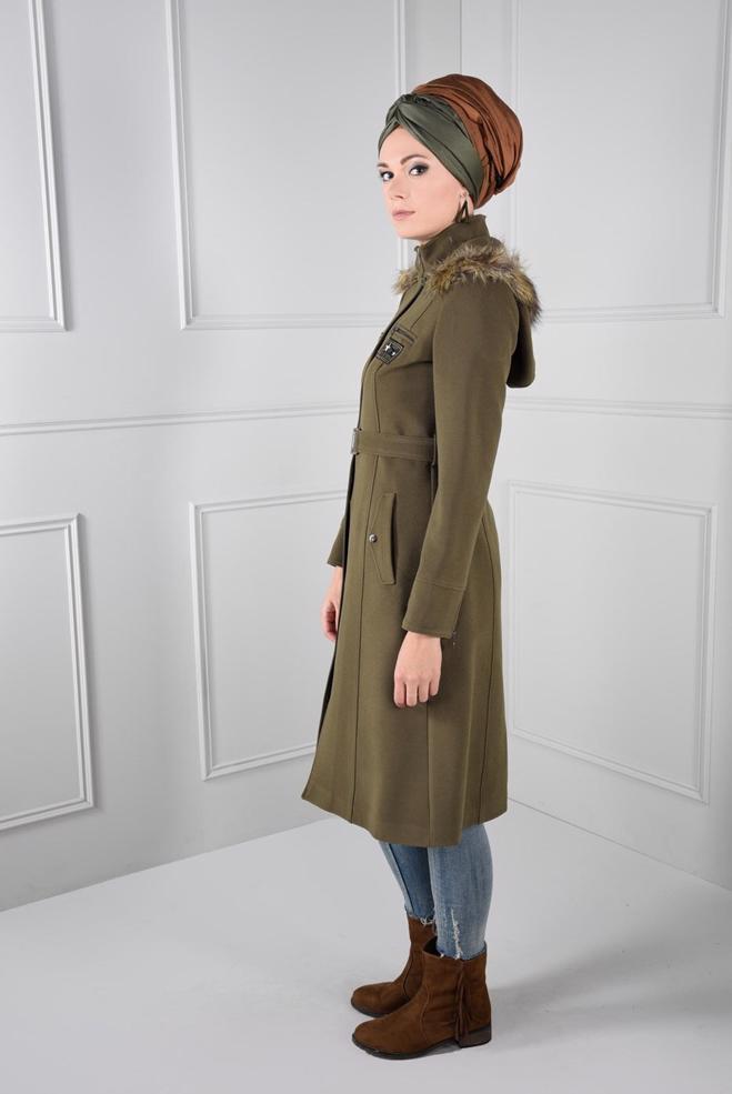 Tesettür giyim HAKİ ARMA DETAYLI KEMERLİ KAPÜŞONLU KABAN 9638  - ALVİNA