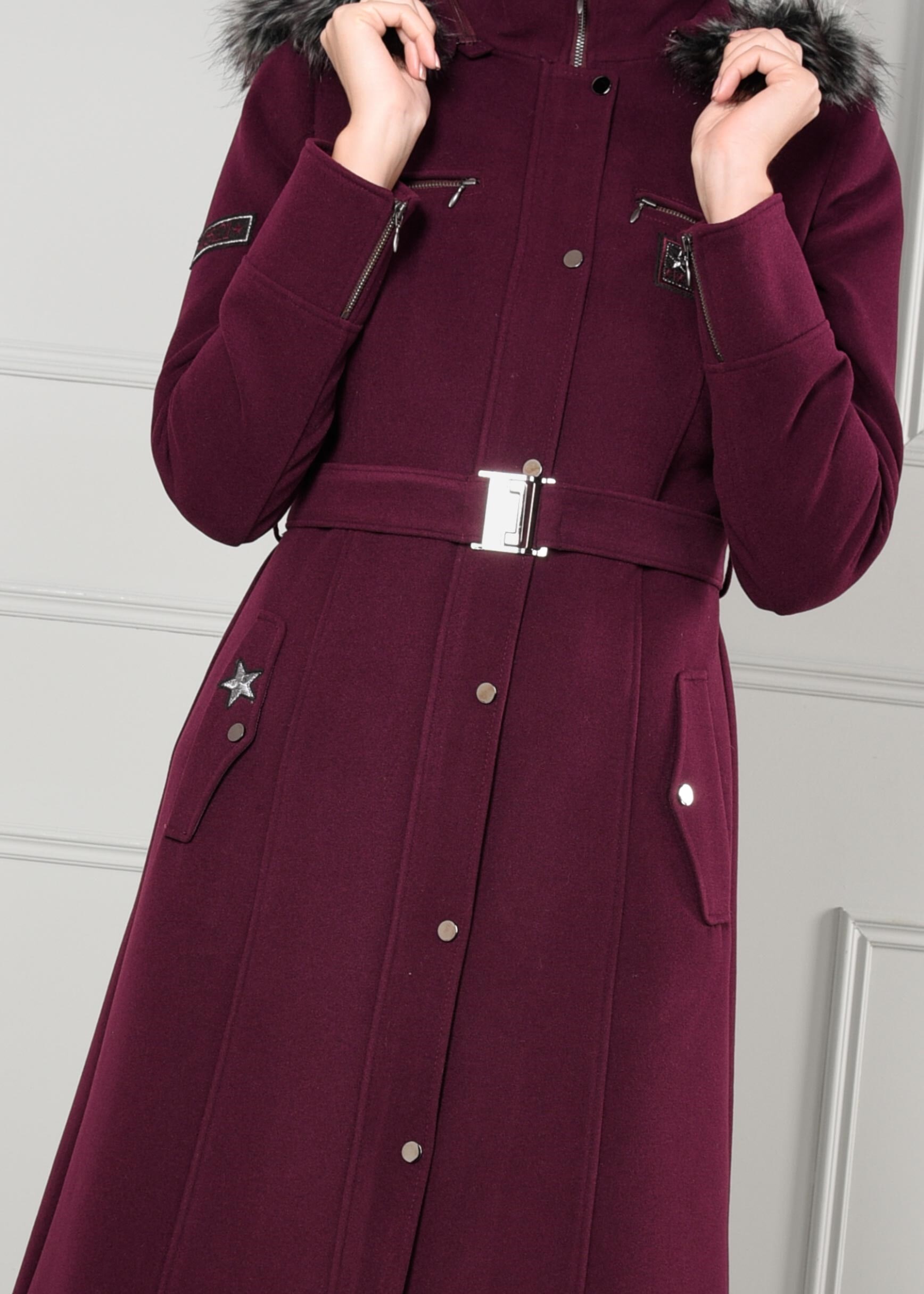 Tesettür giyim MÜRDÜM ARMA DETAYLI KEMERLİ KAPÜŞONLU KABAN 9638 