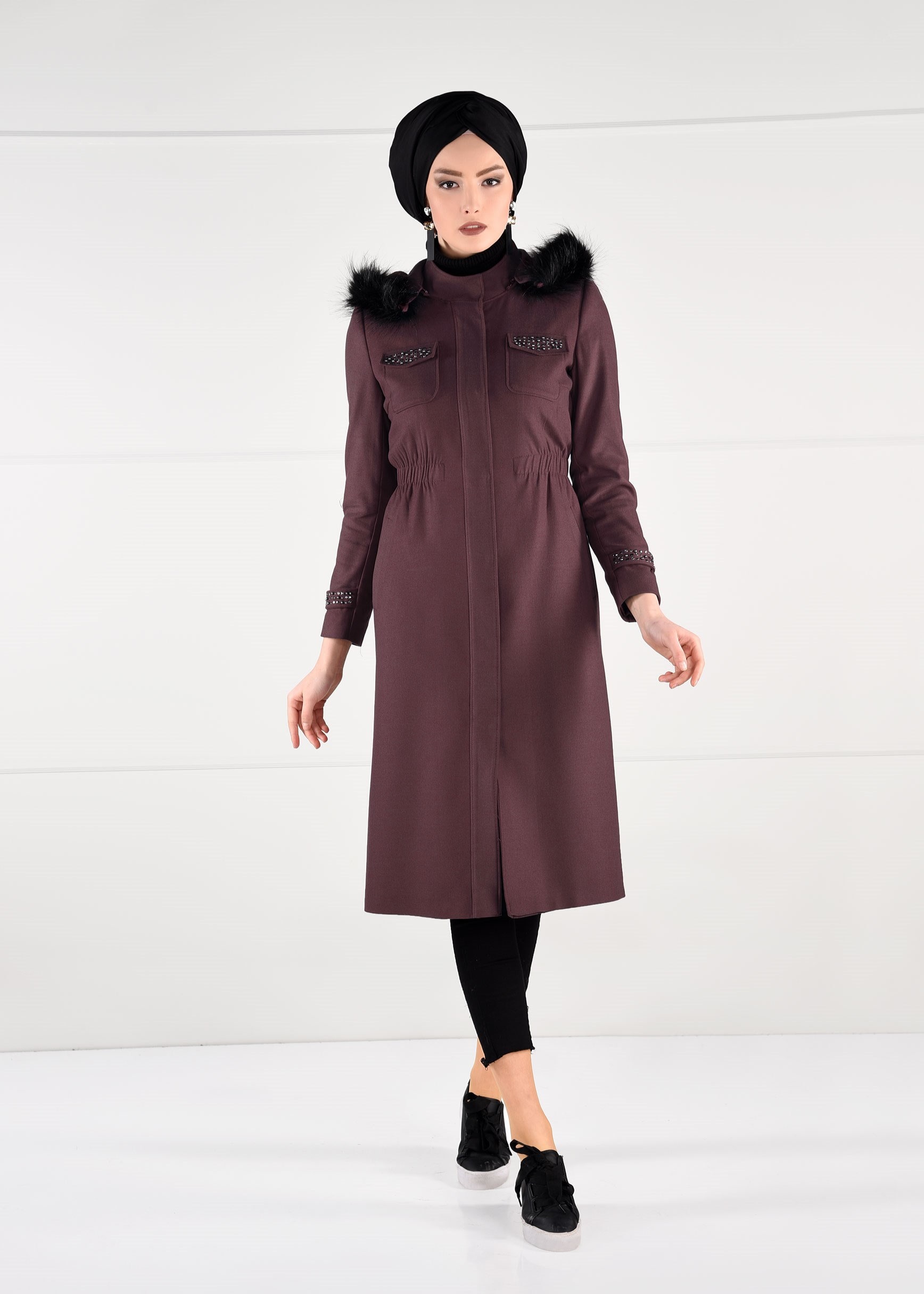 Tesettür giyim BORDO BELDEN LASTİKLİ ZIMBALI DÜZ KABAN 9642 