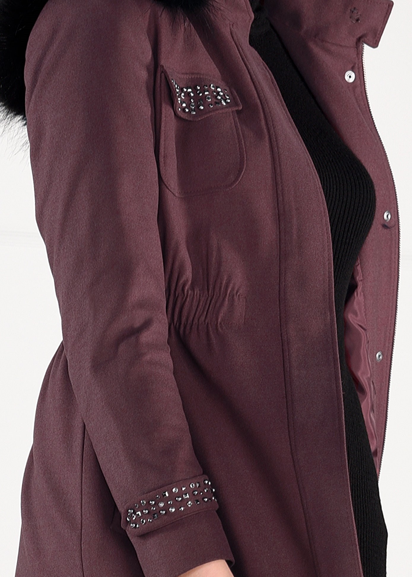 Tesettür giyim BORDO BELDEN LASTİKLİ ZIMBALI DÜZ KABAN 9642 