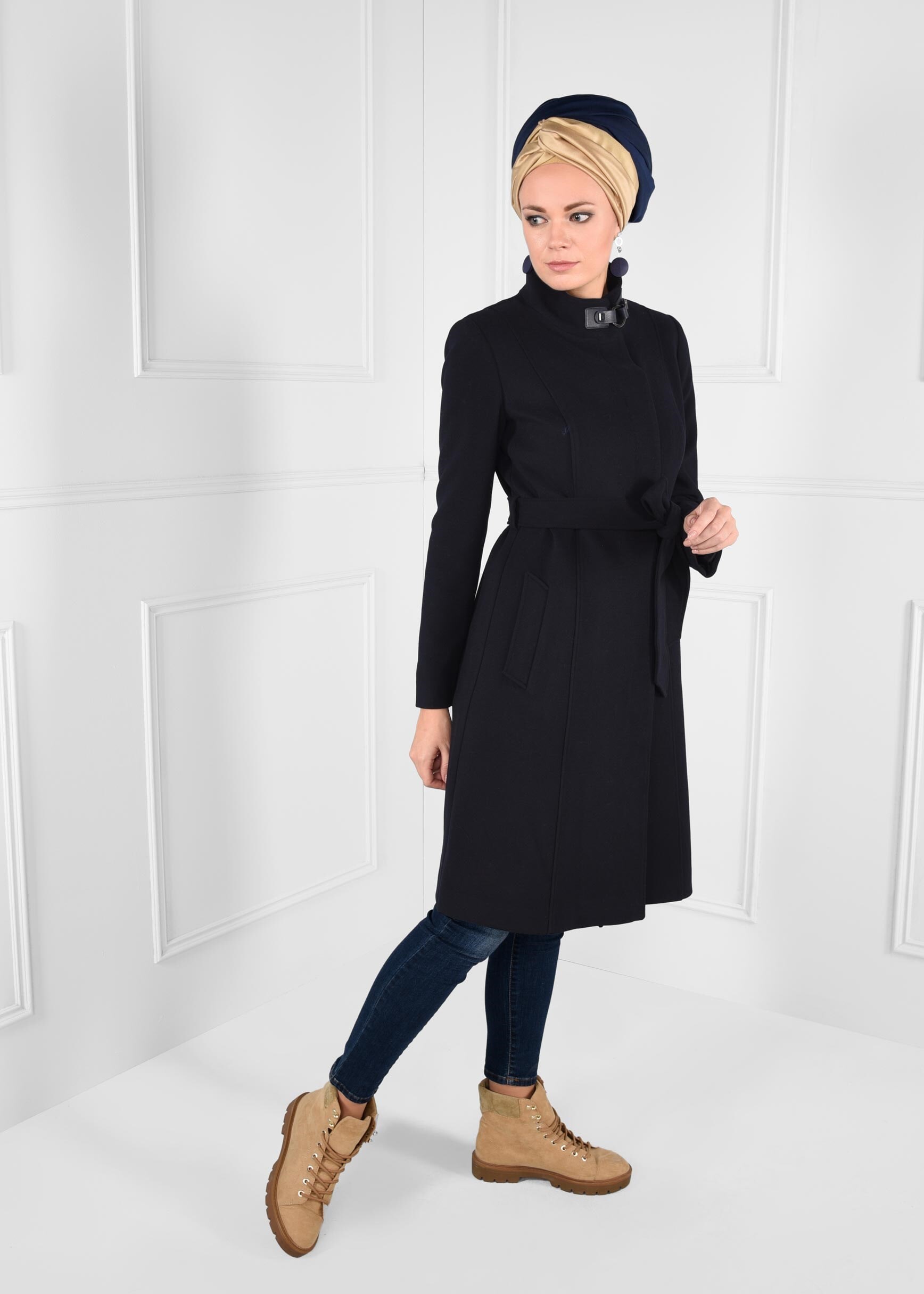 Tesettür giyim LACİVERT BALIKÇI YAKA KUŞAKLI KABAN 9656