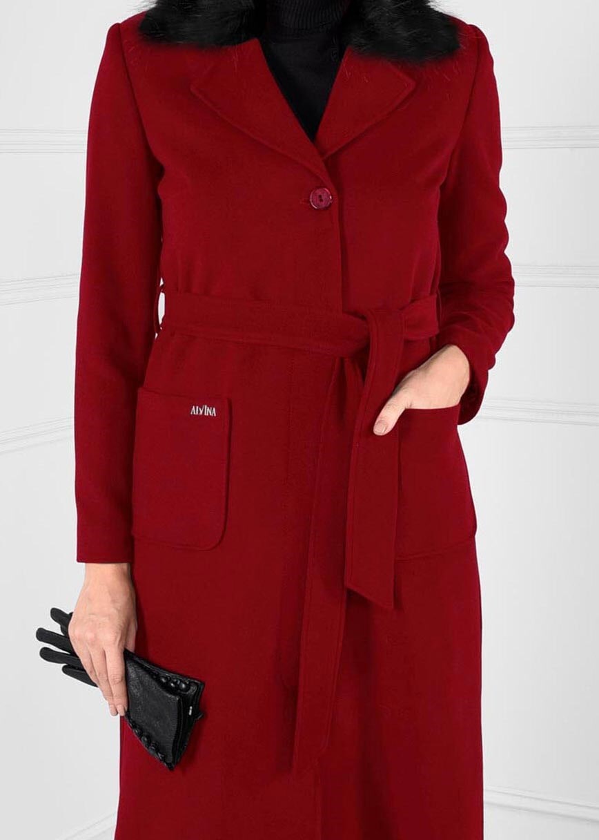 Tesettür giyim KIRMIZI GİZLİ DÜĞMELİ KUŞAKLI KAŞE KABAN 9660