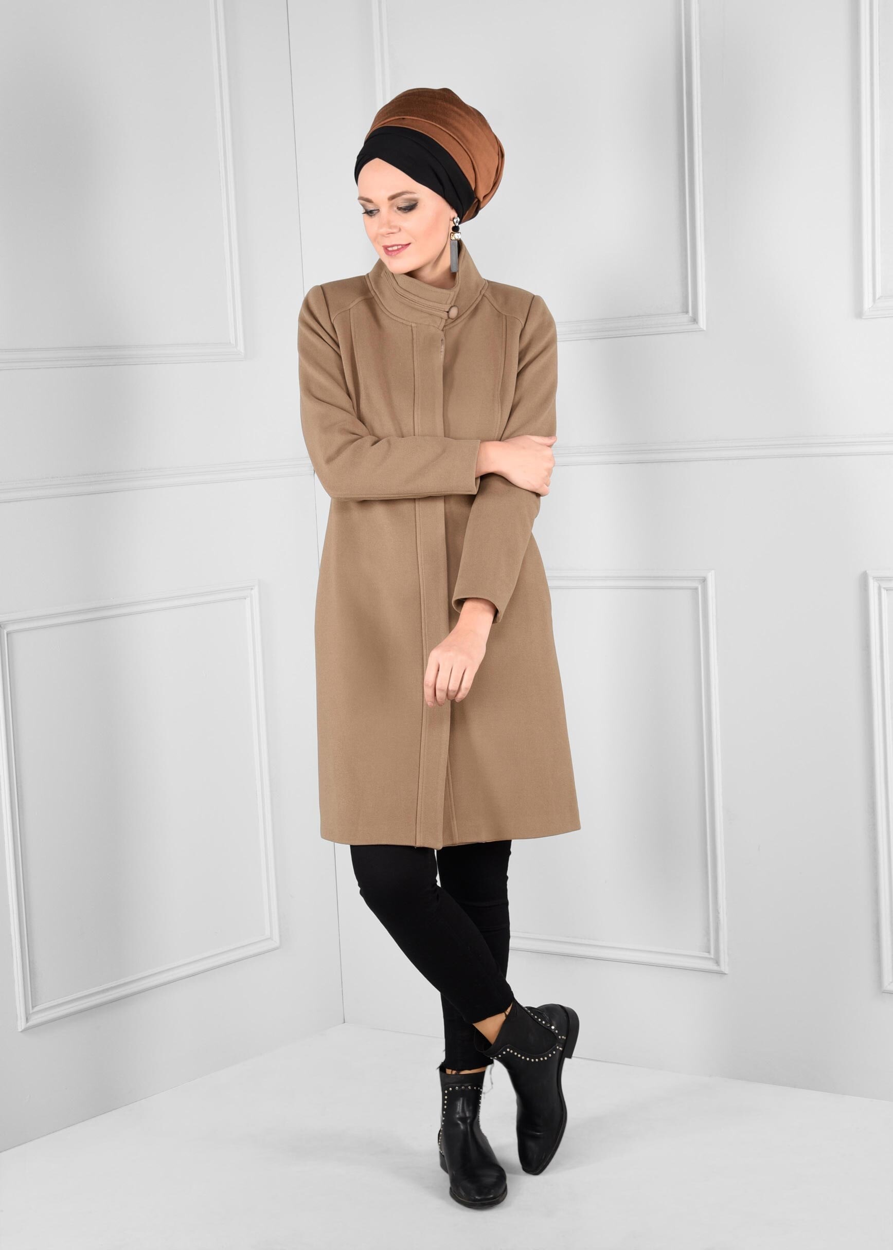 Tesettür giyim KAHVE BALIKÇI YAKA KAŞE KABAN 9687