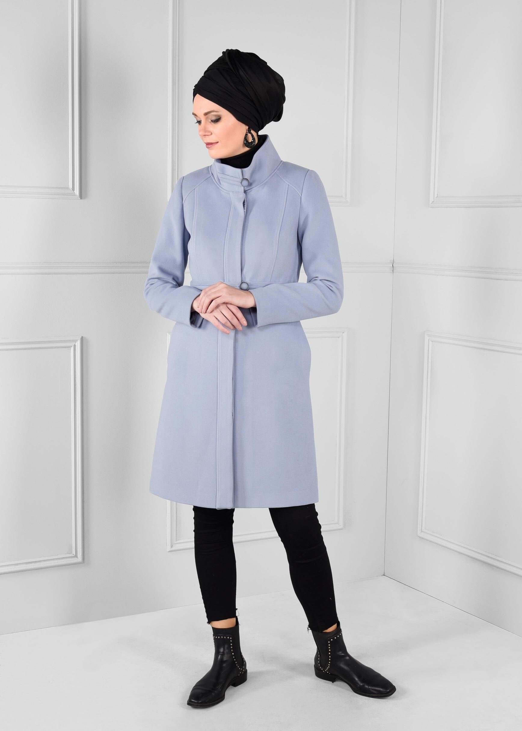 Tesettür giyim MAVİ BALIKÇI YAKA KAŞE KABAN 9687