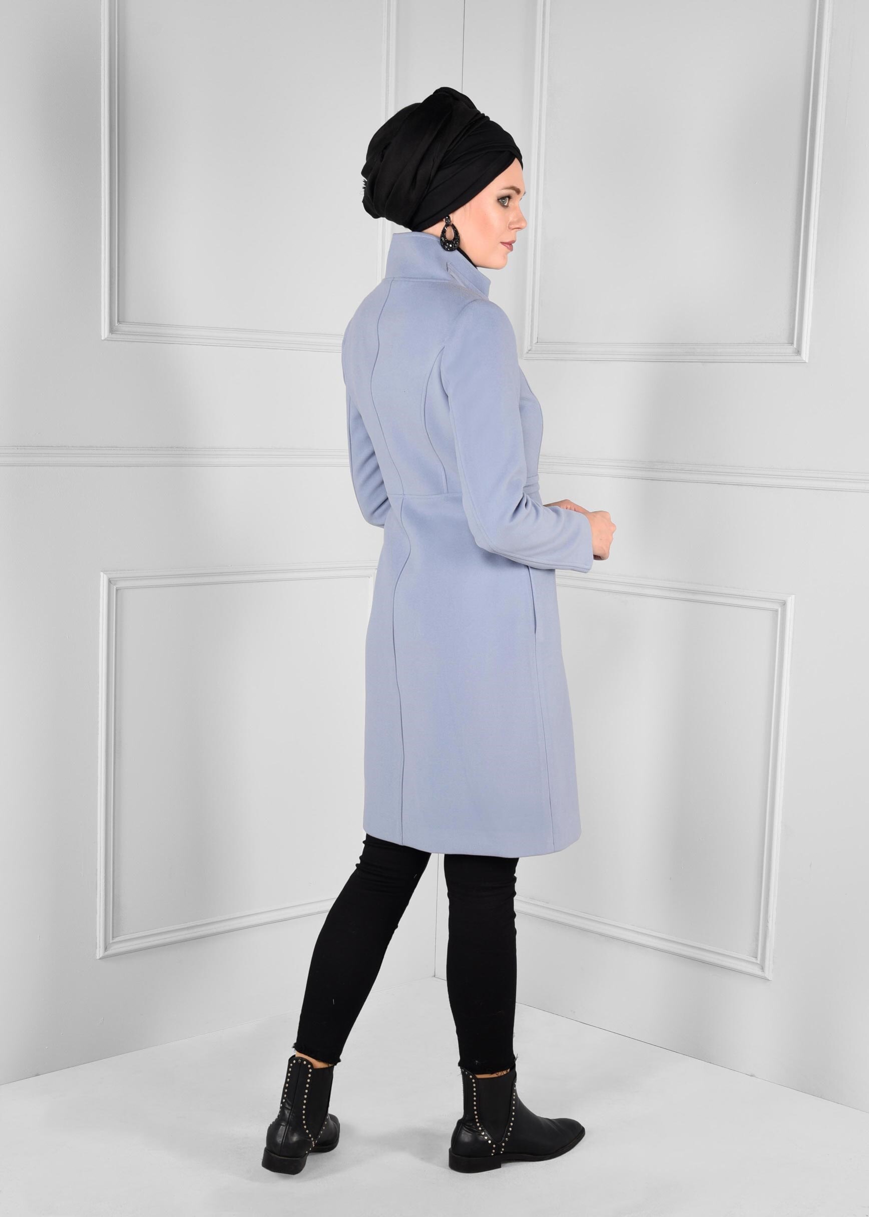 Tesettür giyim MAVİ BALIKÇI YAKA KAŞE KABAN 9687