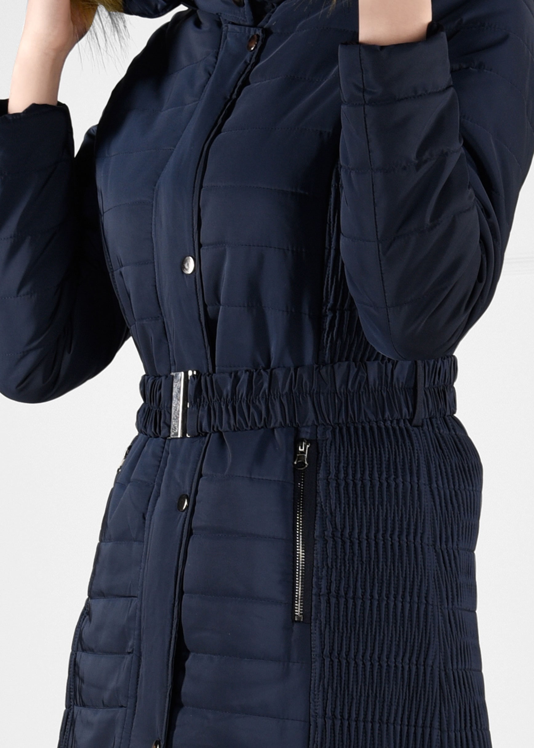 Tesettür giyim LACİVERT CEPLERİ FERMUARLI ÇITÇITLI KAPÜŞONLU KAPİTONE KABAN 9705