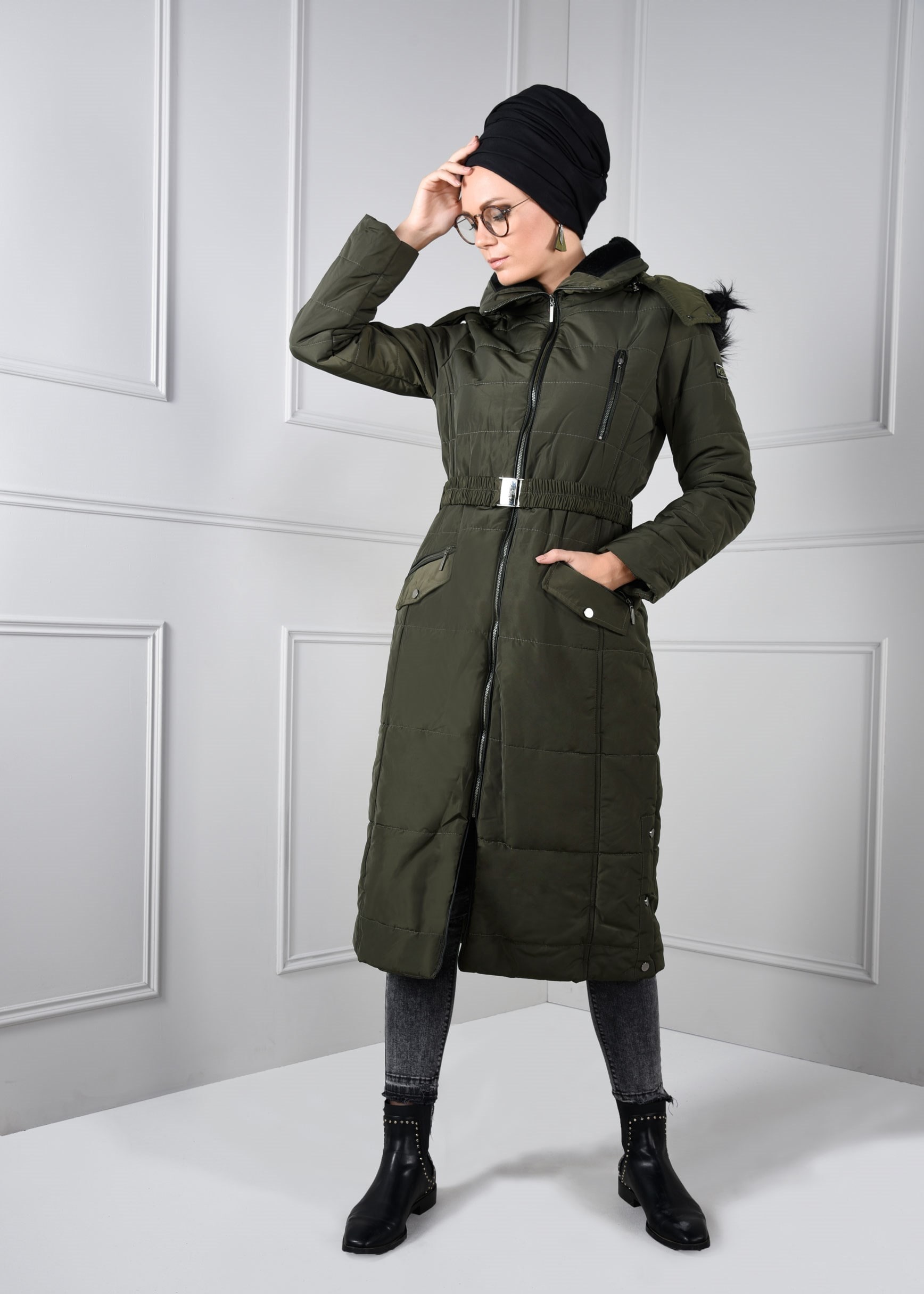 Tesettür giyim HAKİ FERMUARLI KÜRK DETAYLI ÇITÇITLI KABAN 9709