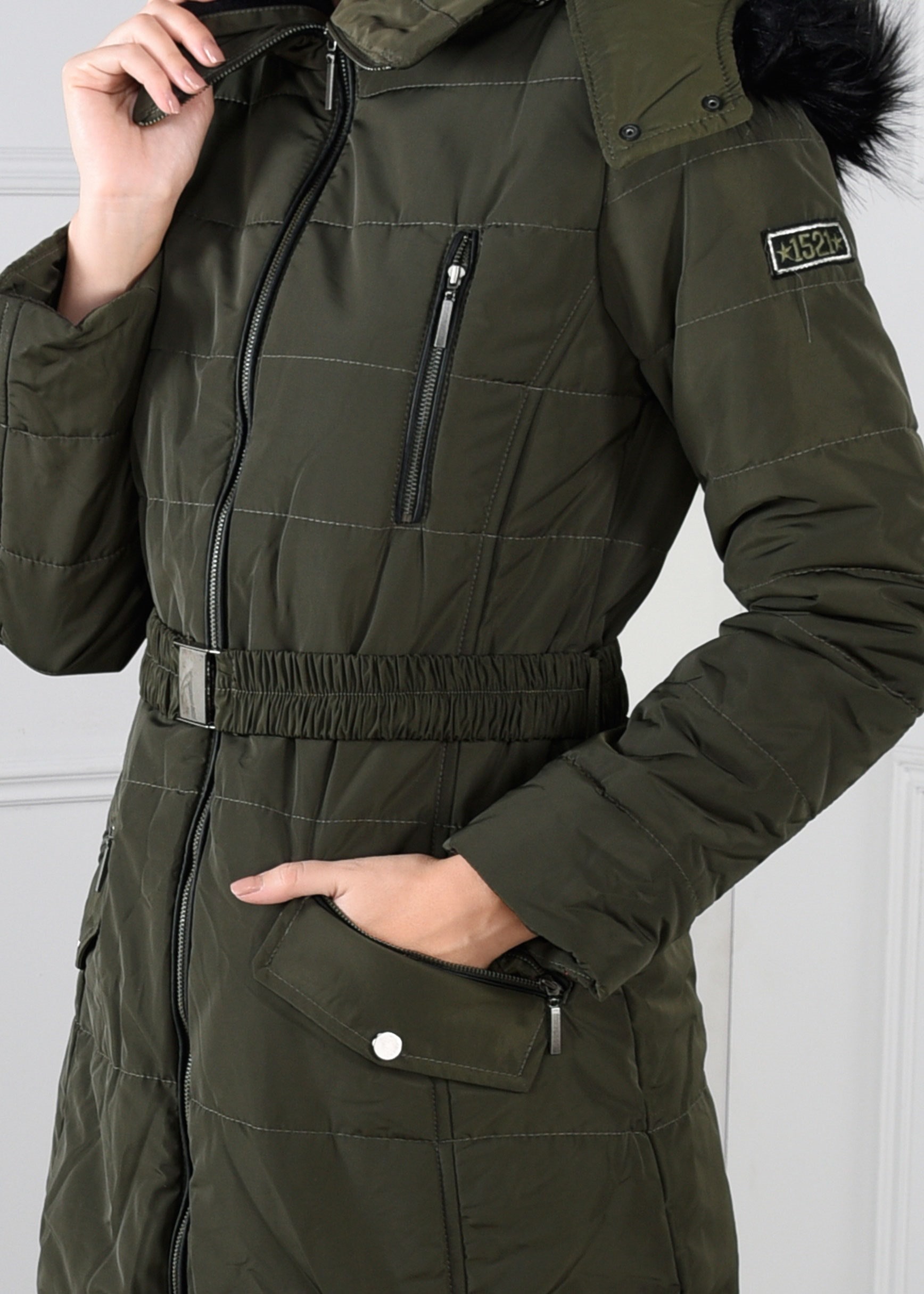 Tesettür giyim HAKİ FERMUARLI KÜRK DETAYLI ÇITÇITLI KABAN 9709