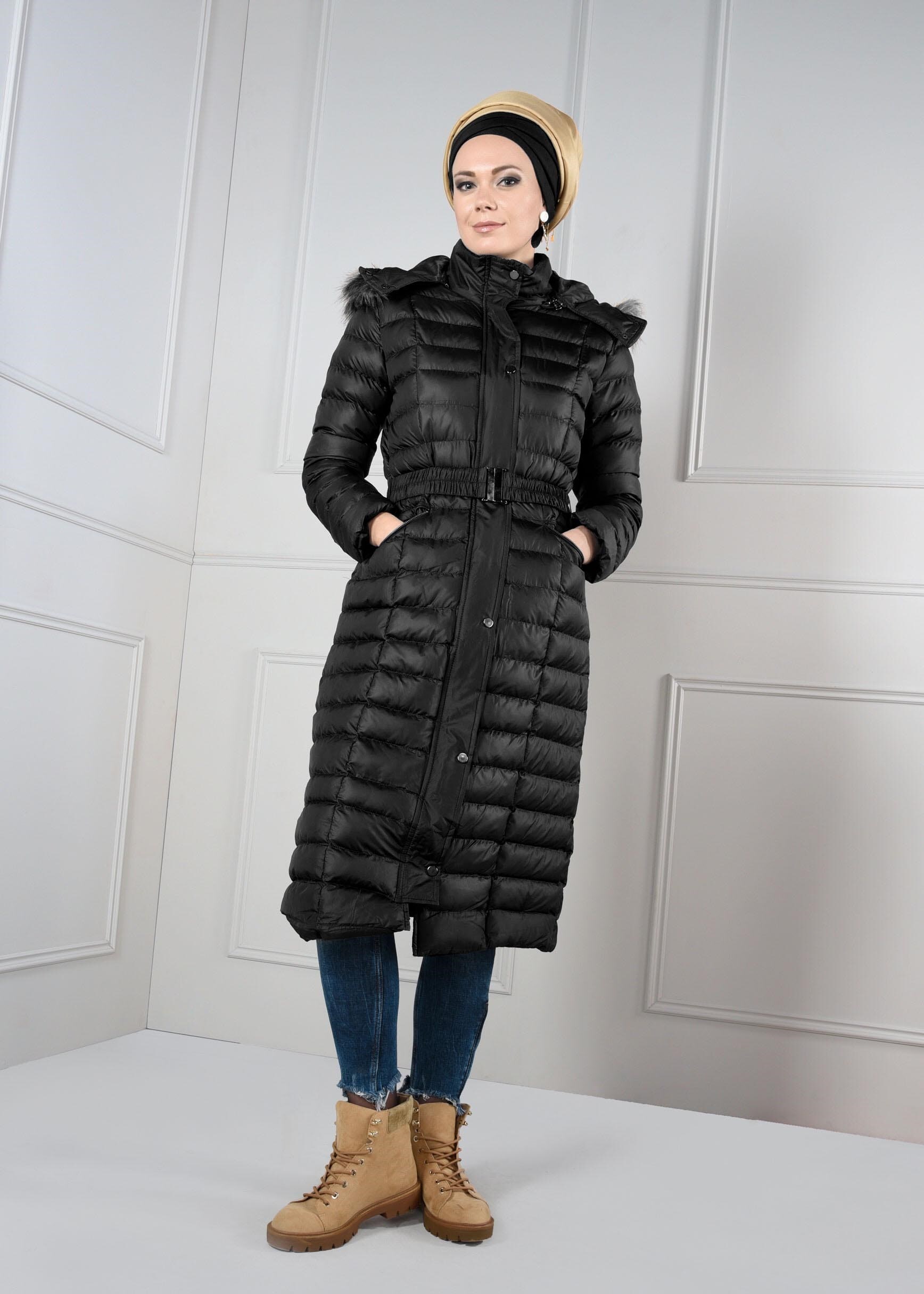 Tesettür giyim SİYAH CEPLERİ FERMUARLI KAPÜŞONU PELUŞ KABAN 9711