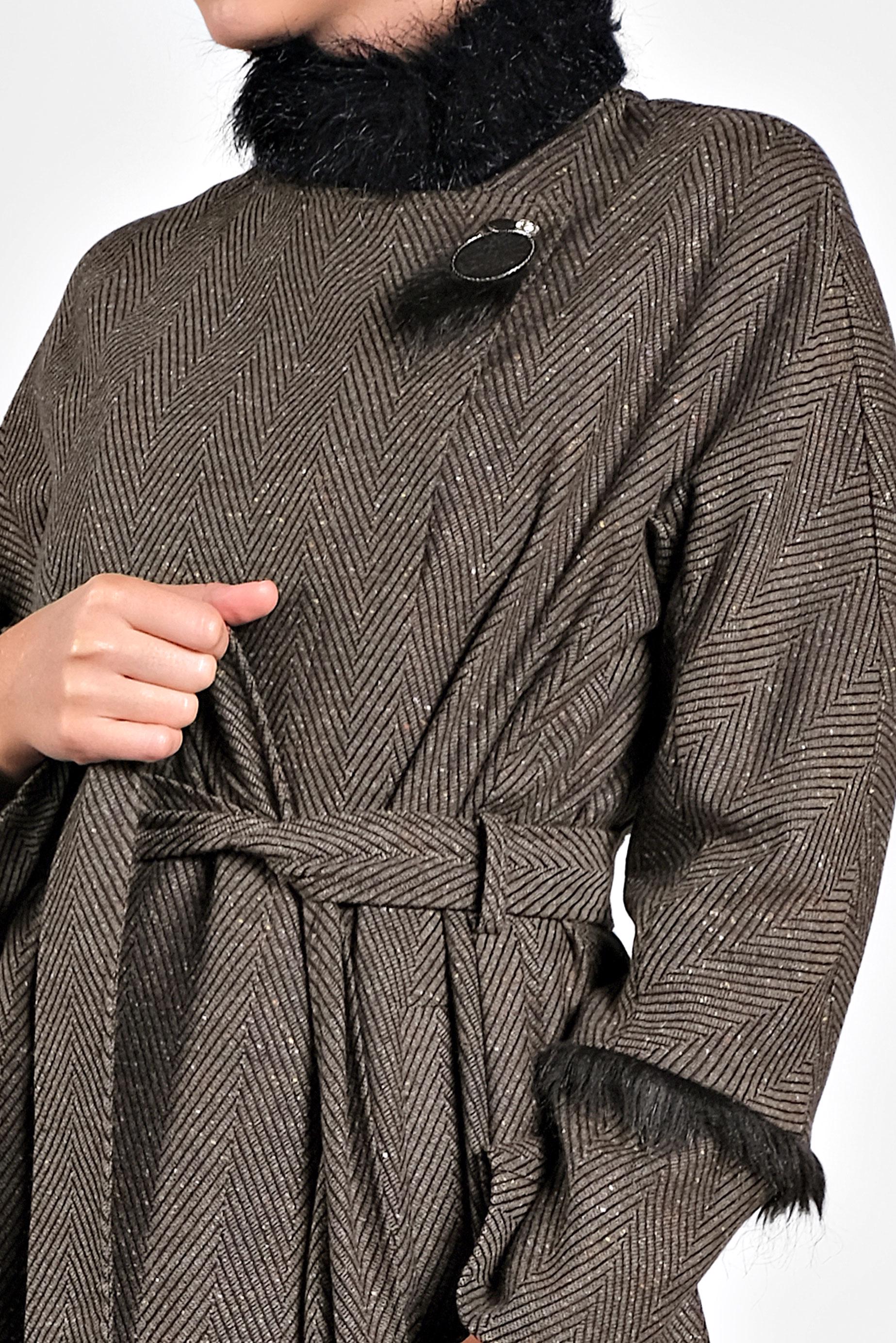 Tesettür giyim VİZON SUNİ KÜRK DETAYLI BELİ KUŞAKLI KABAN 9733