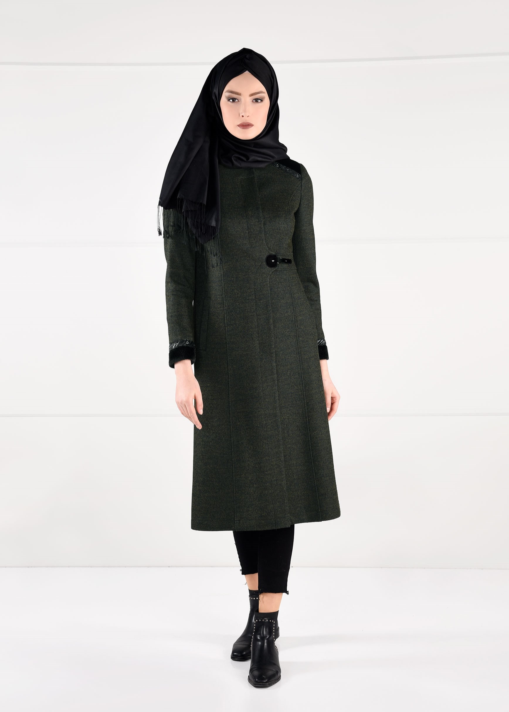 Tesettür giyim YEŞİL BİSİKLET YAKA KABAN 9736