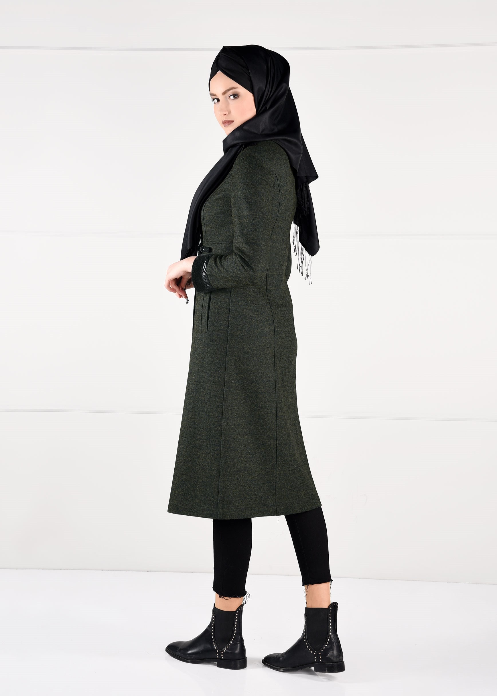 Tesettür giyim YEŞİL BİSİKLET YAKA KABAN 9736