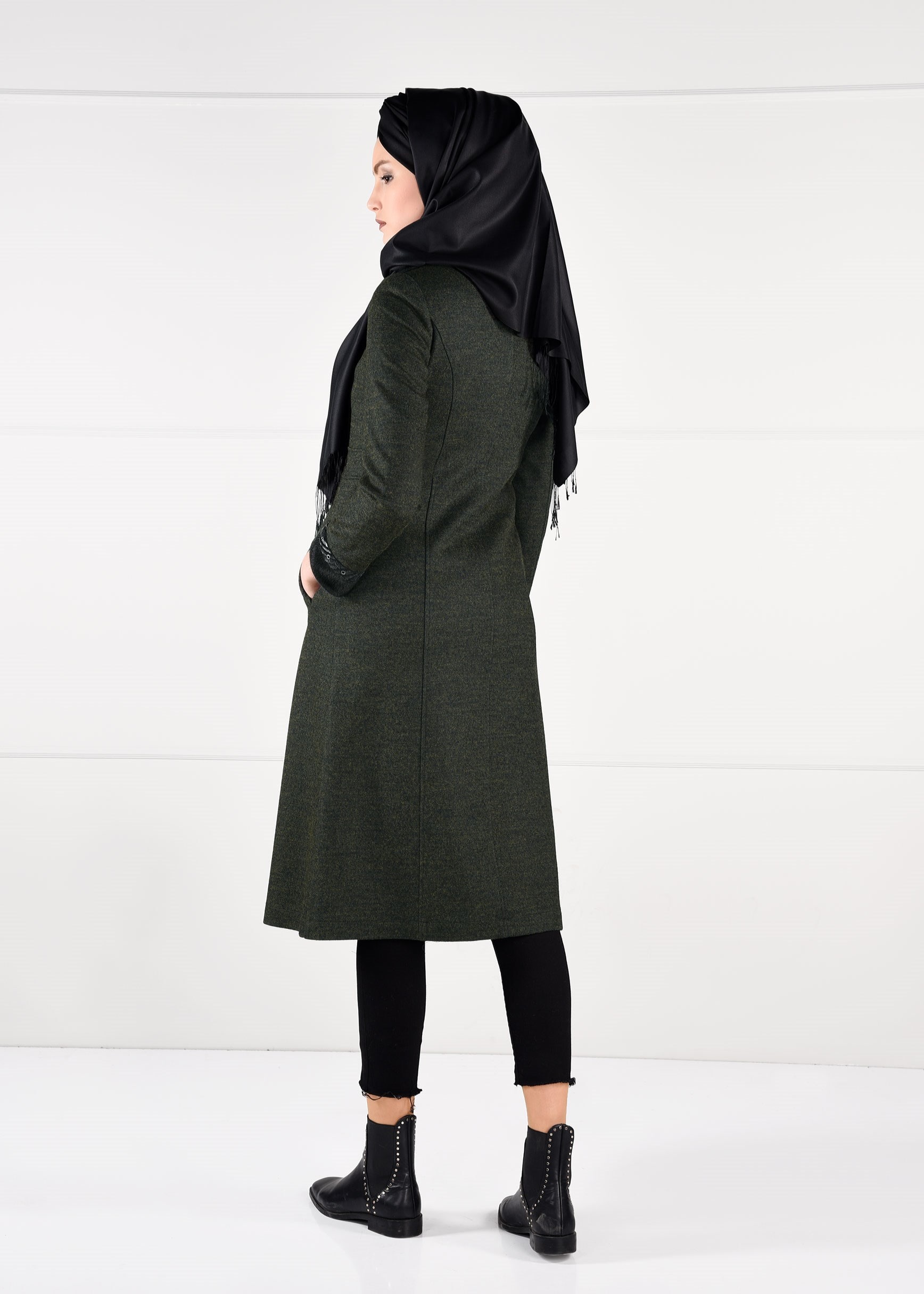Tesettür giyim YEŞİL BİSİKLET YAKA KABAN 9736