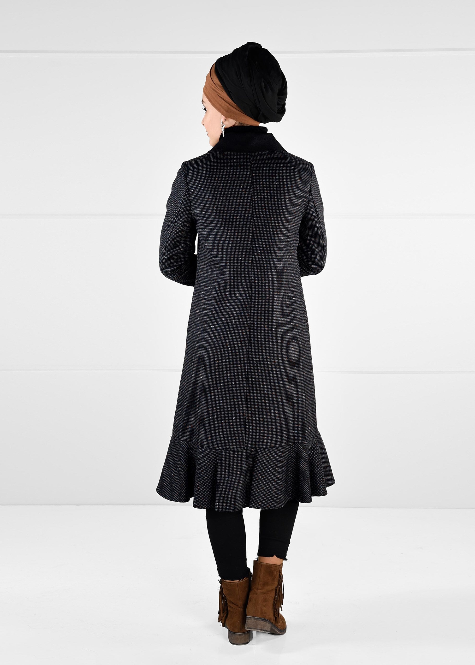 Tesettür giyim GRİ VOLANLI SİVRİ YAKA KABAN 9743