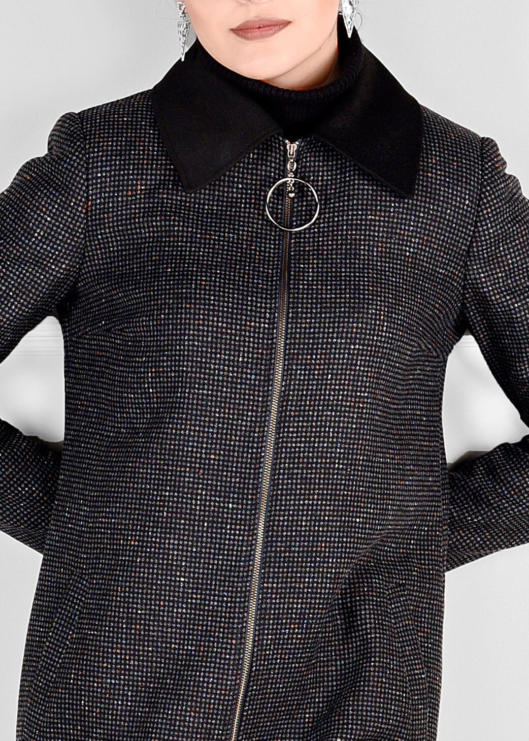 Tesettür giyim GRİ VOLANLI SİVRİ YAKA KABAN 9743