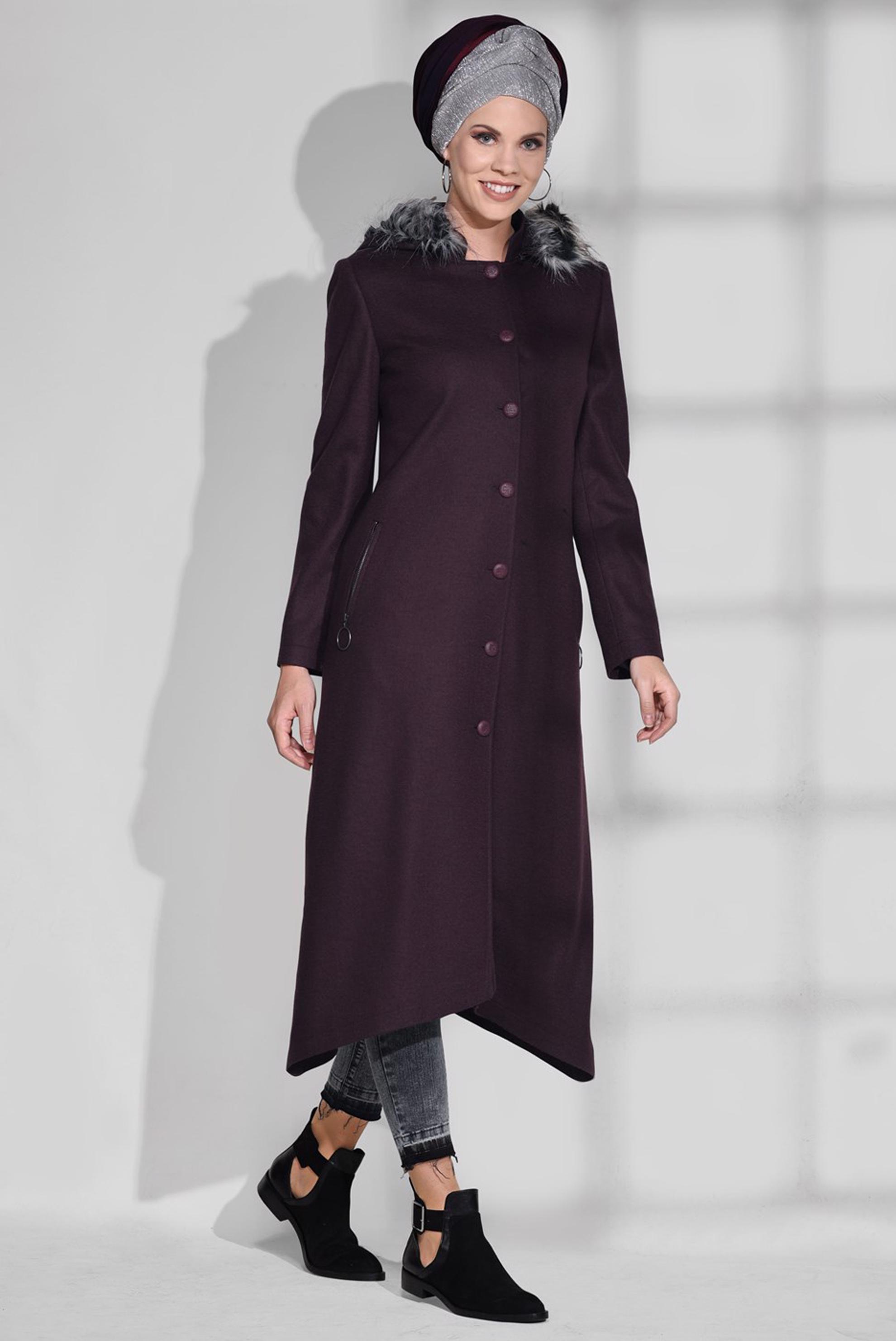 Tesettür giyim MÜRDÜM KAPÜŞONU PELUŞ DETAYLI CEPLERİ FERMUARLI KABAN 9744